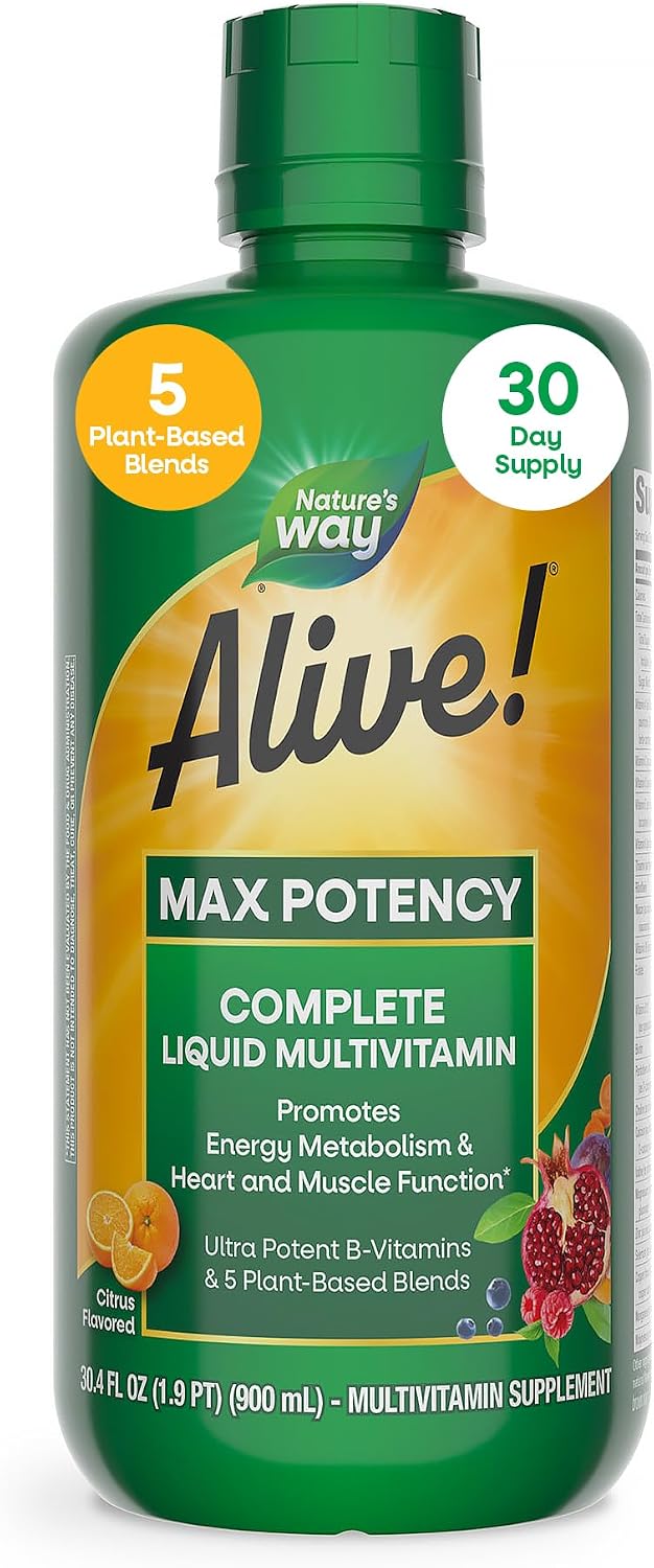 Nature's Way Alive! Max Potency Complete Liquid Multivitamin, Liquid Vitamin Promotes Energy Metabolism, Heart & Muscle Function* with Vitamins A, B, C, D, Multivitamins for Women & Men, 30.4 Fl Oz