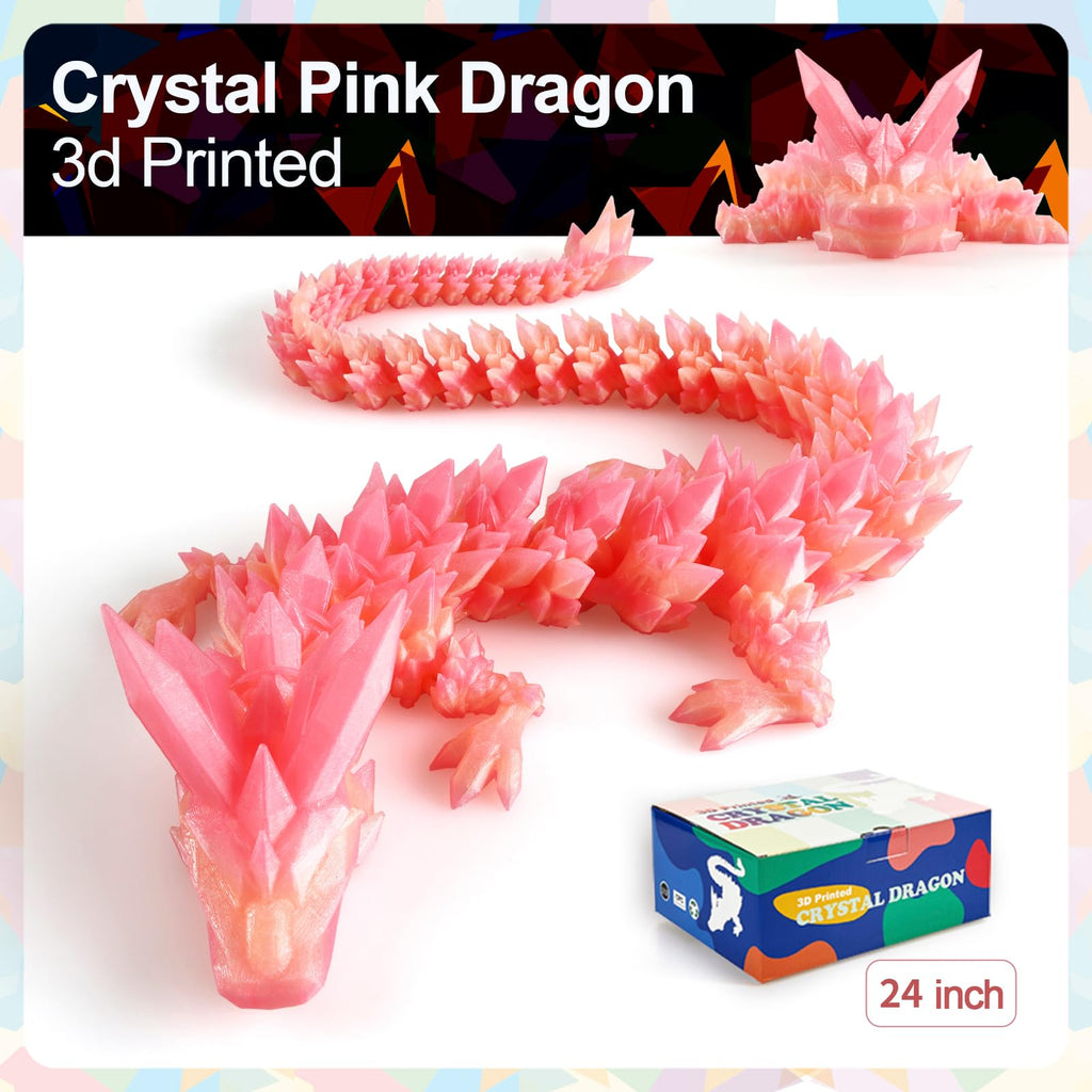 24" Large 3D Printed Dragon - Huge Articulated Crystal Dragon Fidget Toy, Giant Flexible 3D Dragon Figure, Birthday Gift for Boys Girls Kids & Collectors, Home Office Executive Desk Decor