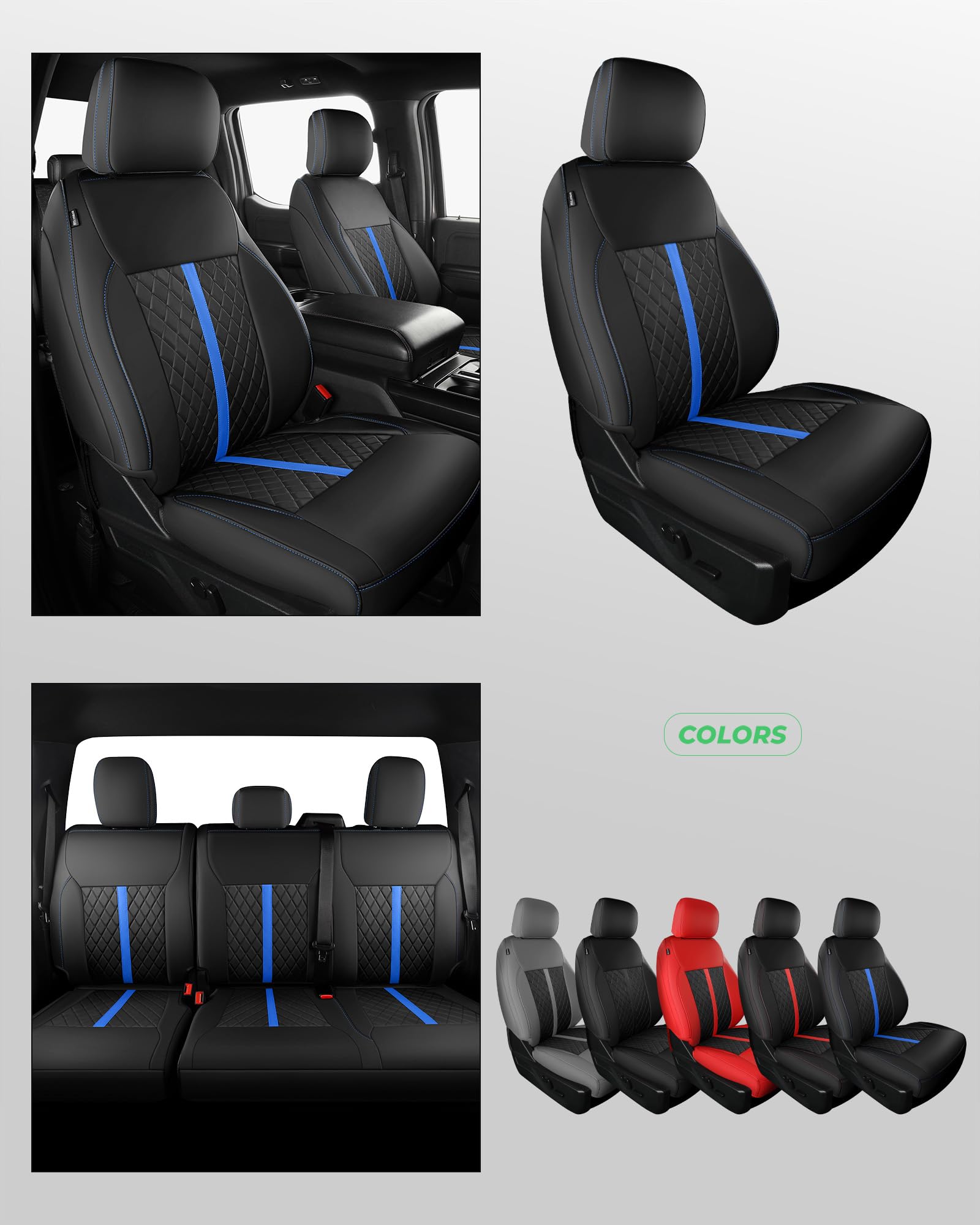 for Ford F150 Leather Seat Covers, Super Crew Cab XL XLT 2015-2020, F250 F350 F450 Super Duty Crew Cab 2017-2022,Custom Truck Seat Cover Full Set, Pickup Accessories, Black (Bucket Seat)