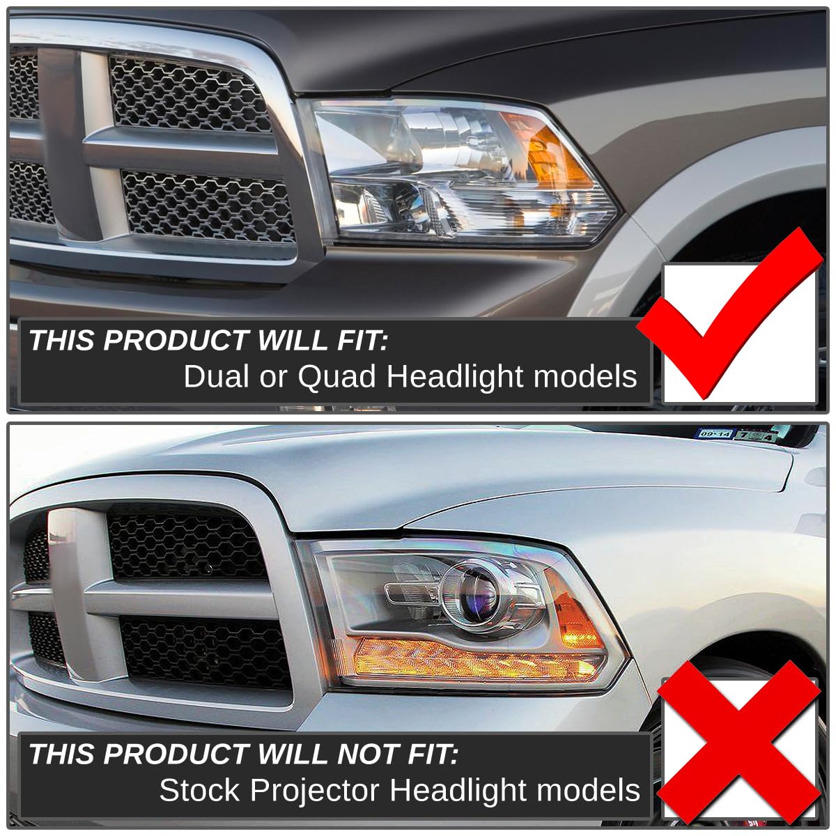 DNA Motoring HL-OH-DR09QUA-BK-CL1 Black Housing Headlights Replacement Compatible with 10-18 Ram 1500-5500, Fit Dual or Quad Headlight Models