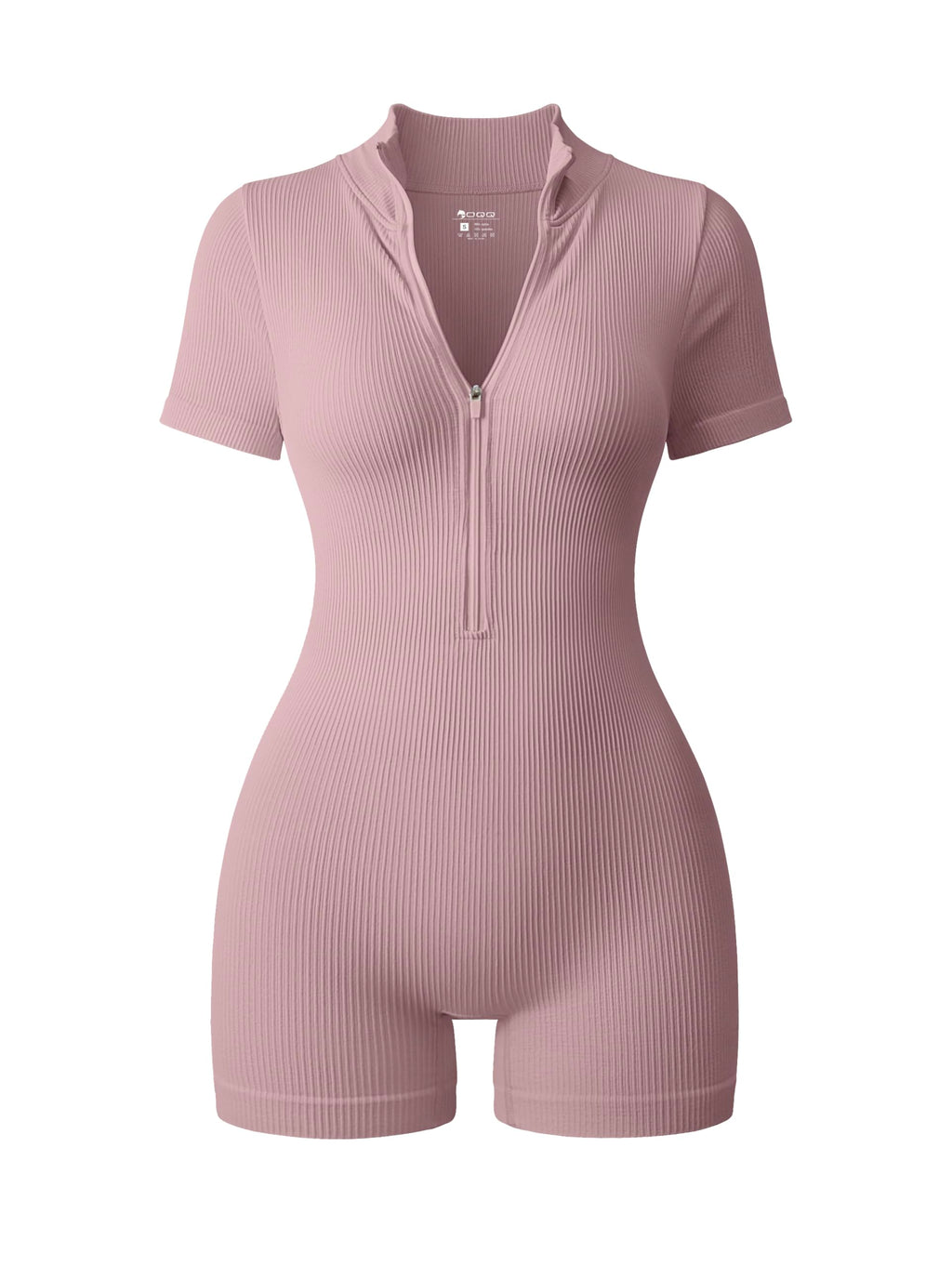 OQQ Women Rompers Ribbed Short Sleeve Zip Front Stretch Tummy Control Yoga Workout Rompers
