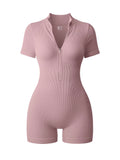 OQQ Women Rompers Ribbed Short Sleeve Zip Front Stretch Tummy Control Yoga Workout Rompers