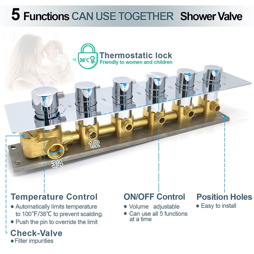 HOMEDEC 2 Way Shower Diverter Valve Brass Dual Functions Thermostatic Shower Mixing Valve Kit 3 Handle Flow Control Valve, 3/4 Inch Inlet, Can Use All Options At a Time, Matte Black