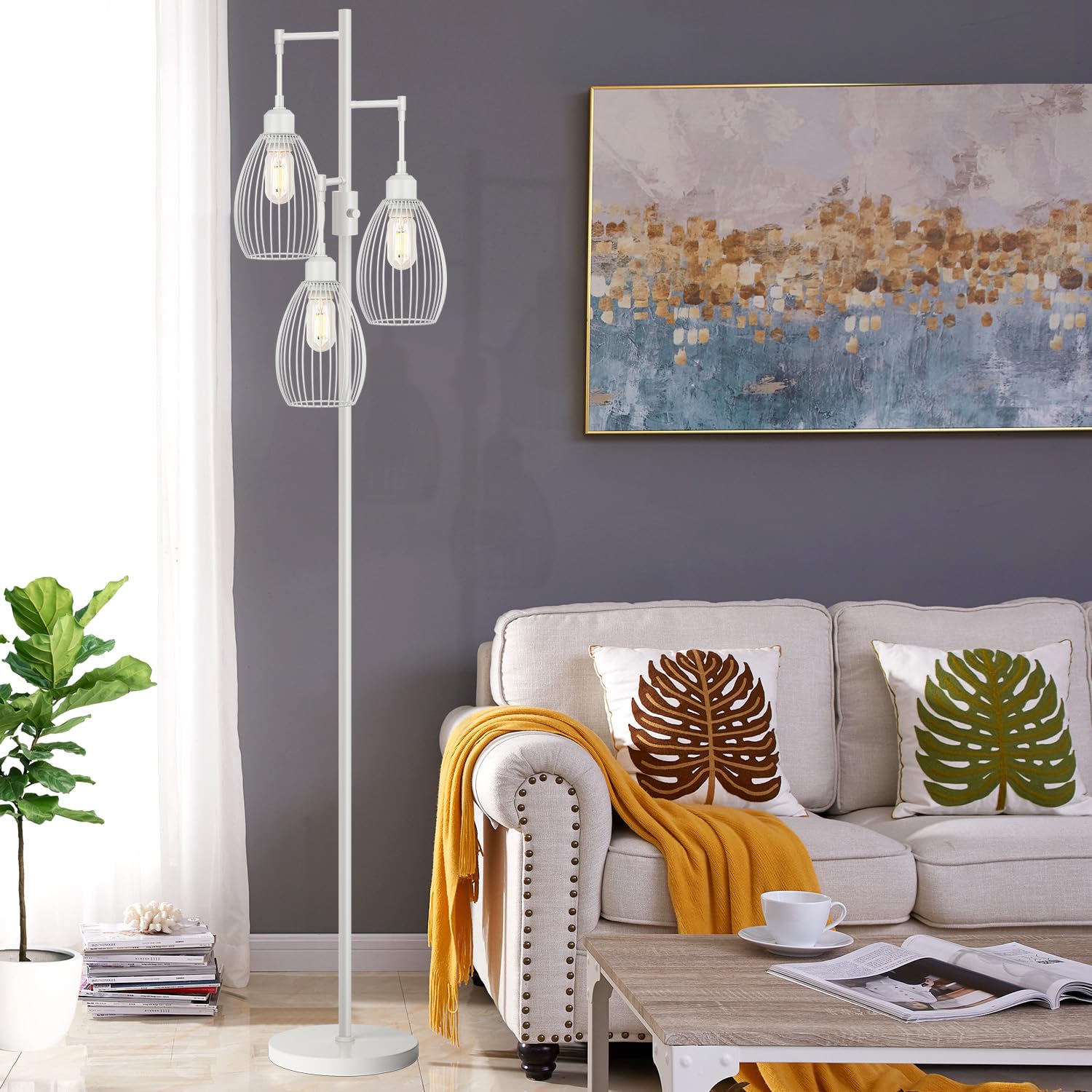 Dimmable Floor Lamp, 3 x 800LM LED Edison Bulbs Included, Farmhouse Industrial Floor Lamp Standing Tree Lamp with Elegant Teardrop Cage Tall Lamps for Living Room Bedroom Office Dining Room-Brass