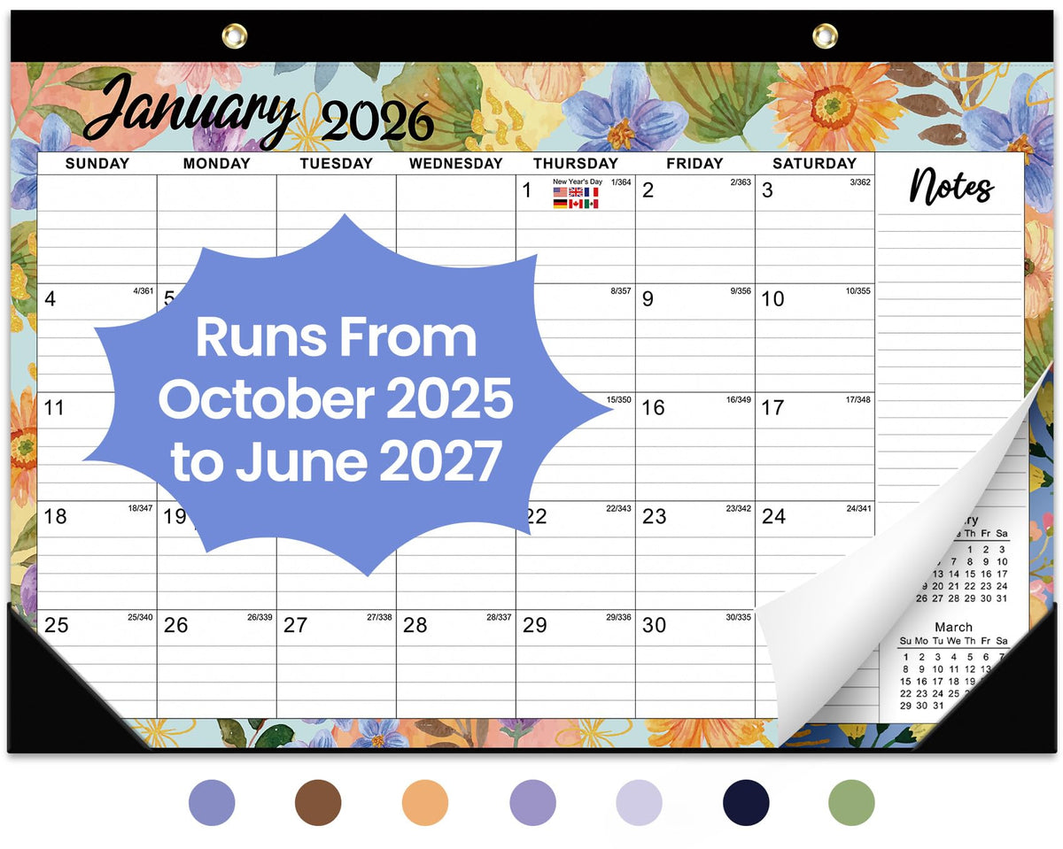 Desk Calendar 2026-2027, 21-Month Calendar Runs Until June 2027, Large 17" x 12" Monthly Desktop & Wall Calendar for Home & Office - Floral