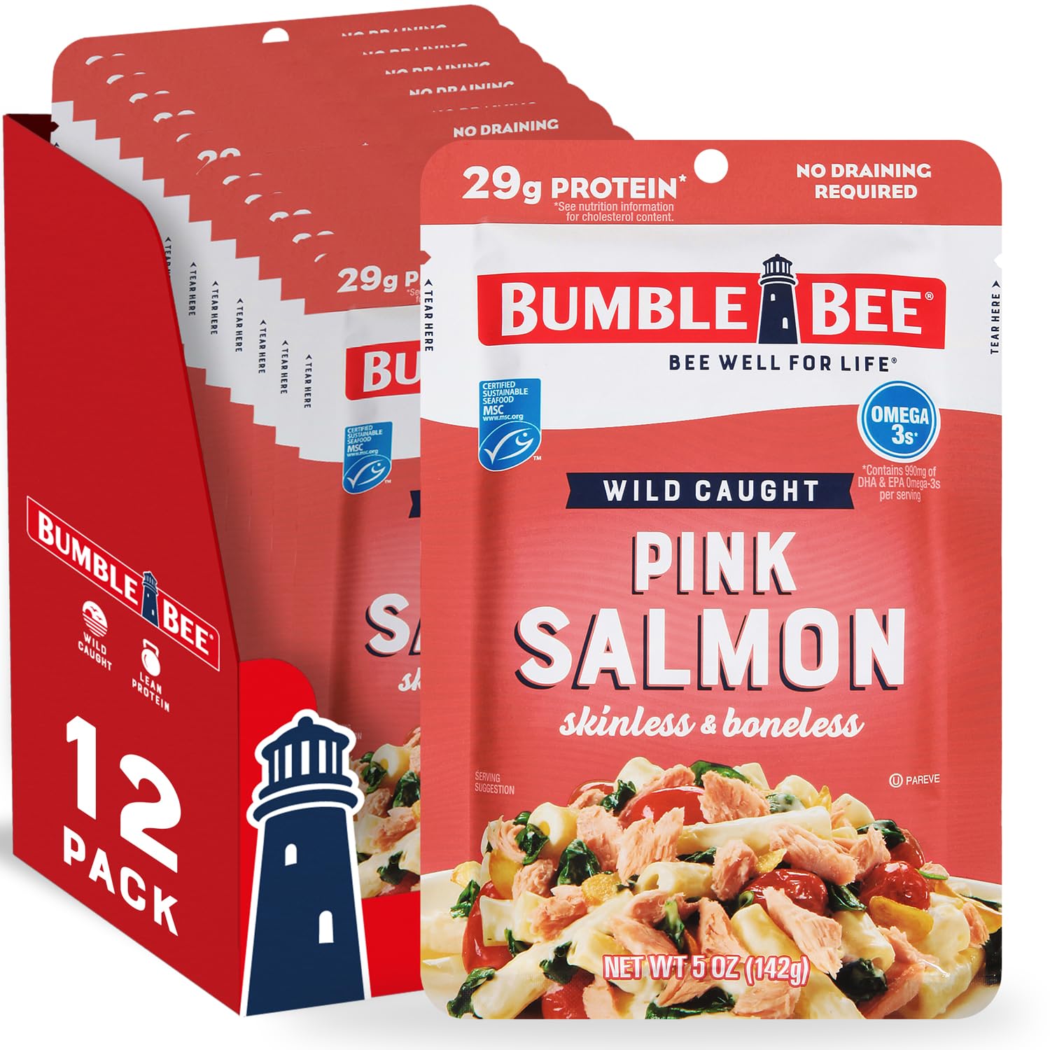 Bumble Bee Skinless & Boneless Pink Salmon, 5 oz Pouch - Premium Wild Caught Salmon for Snacks, Sandwiches & Recipes - 29g Protein per Serving - Gluten Free, Kosher, MSC Certified