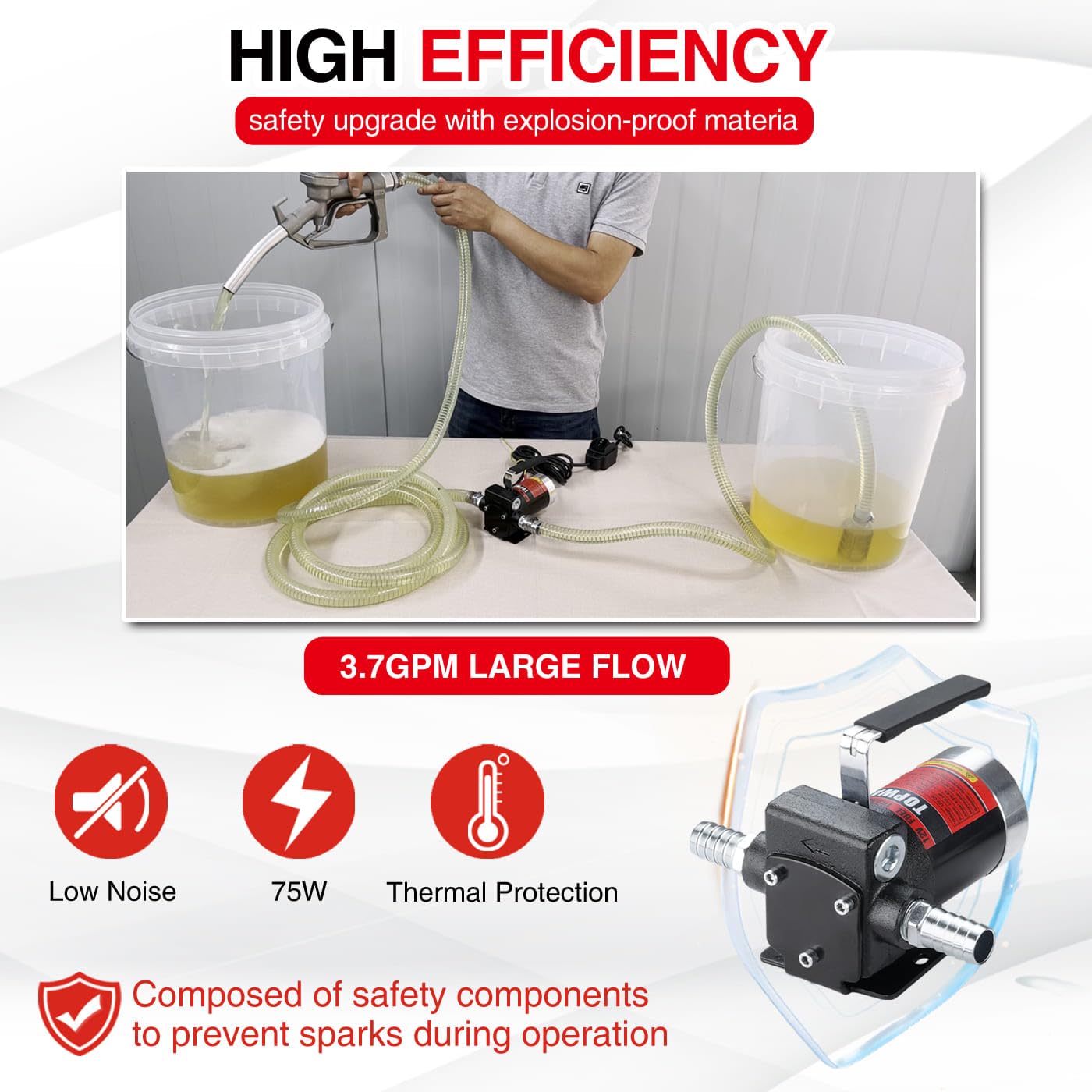 TOPWAY 12V DC Gasoline Fuel Pump 3.7GPM Self-priming Oil Transfer Pump With Handle, Reversible Pumping, Overheat Protection, Explosion-Proof, Built-in Bypass, for Gasoline Fuel Diesel Kerosene Removal