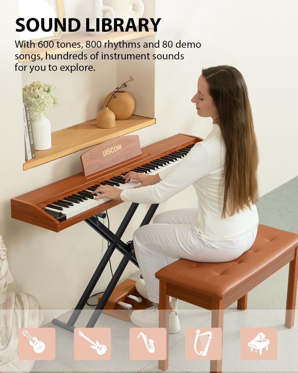 UISCOM Digital Piano Keyboard for Beginners, Full Size 88 Key Semi-Weighted Keyboard Electric Piano with Stand,Power Adapter,Sheet Music Stand,Pedal,Headphone,USB-MIDI Compatible,Wood Grain Apricot