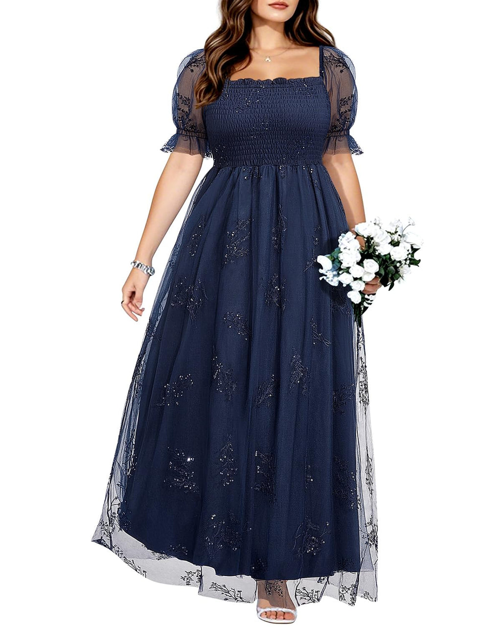 Plus Size Formal Dresses - Bridesmaid Leaf Embroidery with Sequin Tulle Prom Long Dress