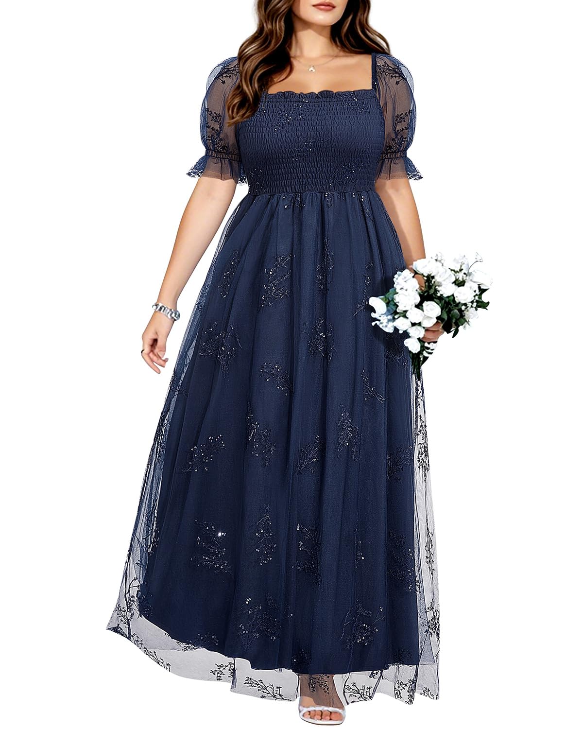 Plus Size Formal Dresses - Bridesmaid Leaf Embroidery with Sequin Tulle Prom Long Dress