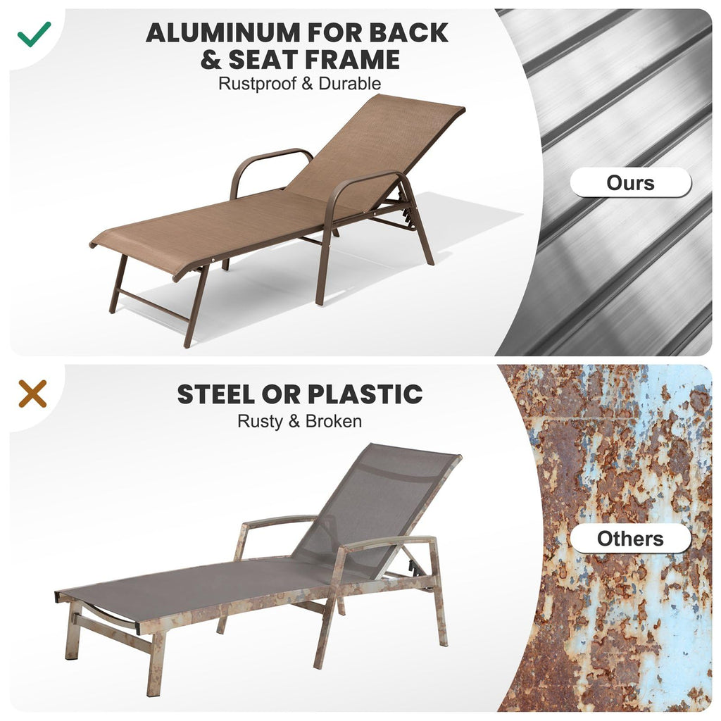 Crestlive Products Chaise Lounge Chair Outdoor with Armrests, Pool Lounge Chairs Set of 2, Aluminum Adjustable 5 Positions Sun Tanning Lounger for Patio, Poolside, Yard, Deck, Backyard (Beige)