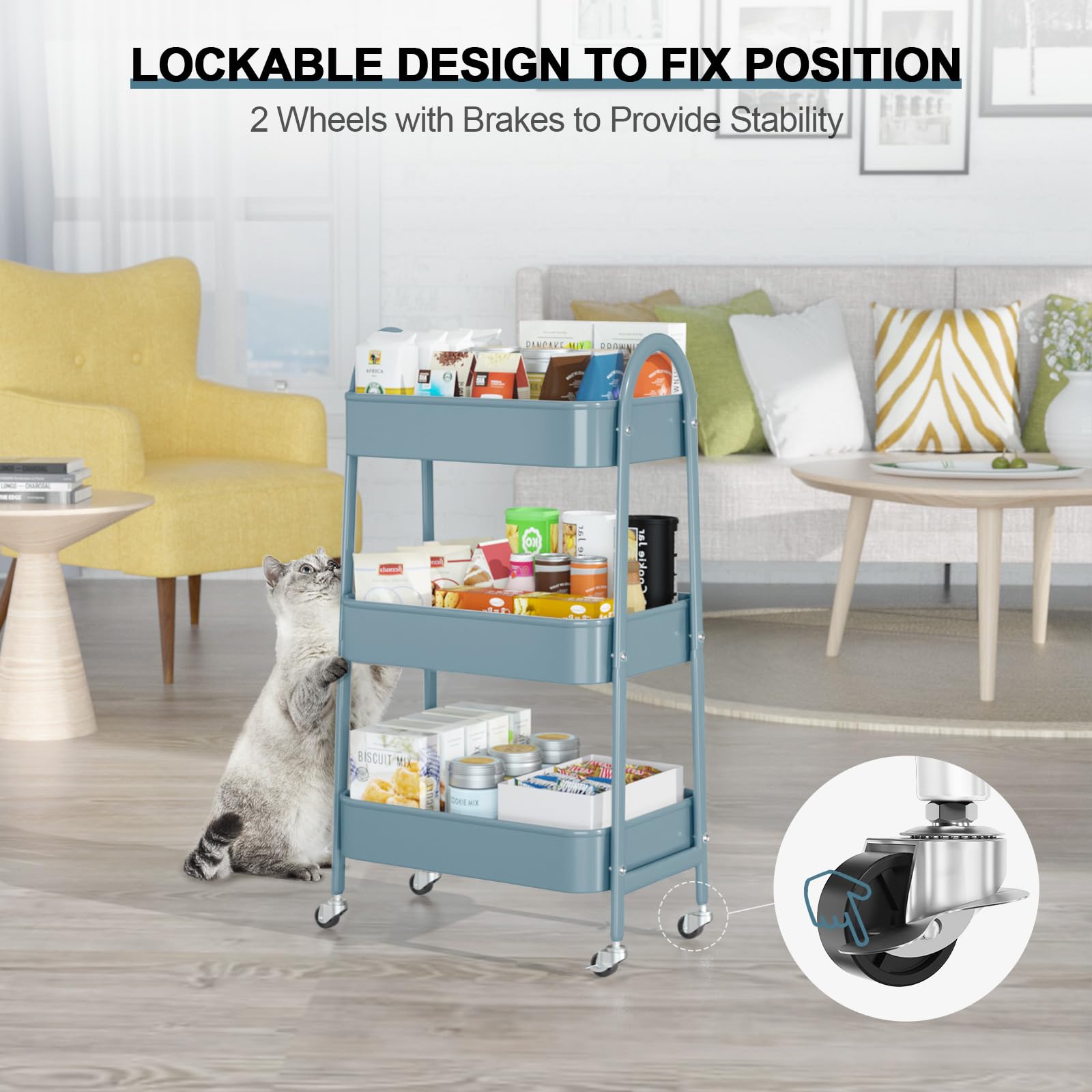 EAGMAK 3 Tier Rolling Cart, Large Metal Storage Cart with Handle and Lockable Wheels, Big Multifunctional Storage Organizer Trolley with Mesh Baskets for Kitchen, Living Room, Office, Garage (Beige)