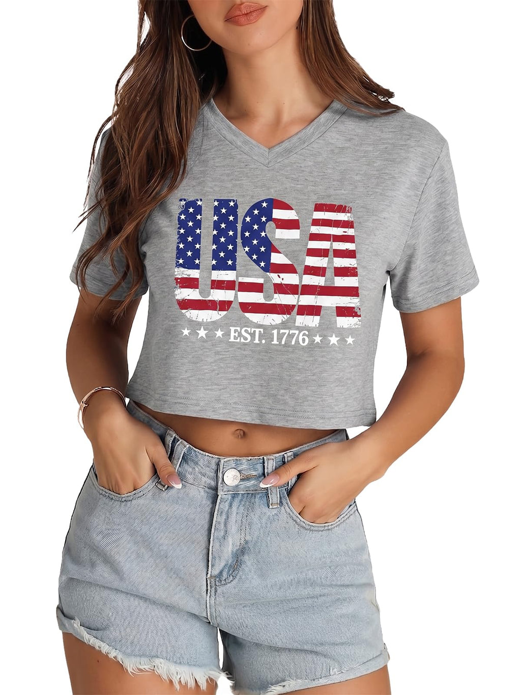 Womens Crop Tops Summer Baisc Tees V Neck T Shirts Casual Short Sleeve Cropped Top 2026