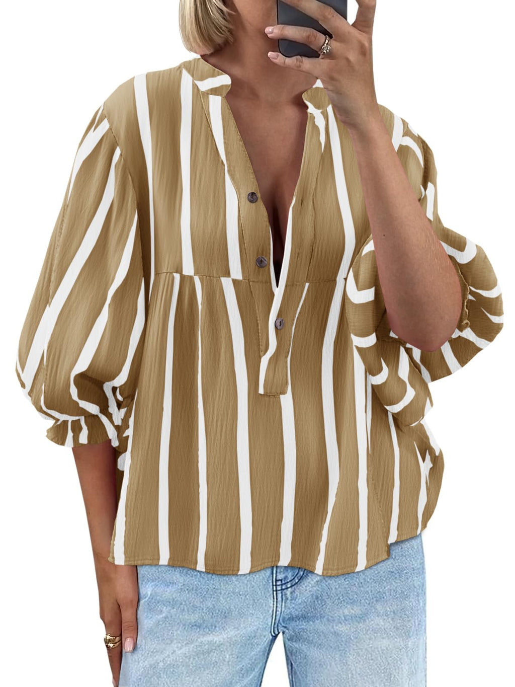 Tankaneo Womens Puff Sleeve Babydoll Tops Summer V Neck Striped Blouse Cute Casual Loose Fit Flowy Shirts
