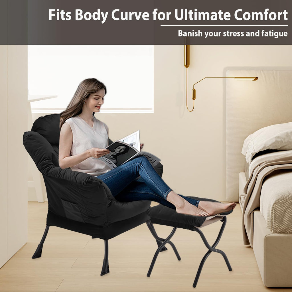 Youtanic Lazy Chair with Folding Ottoman, Accent Chair Velvet Upholstered with Metal Structure and Non-Slip Pads, Sofa Armchair with Footrest and Side Storage Bag for Dorm, Room, Office, Beige