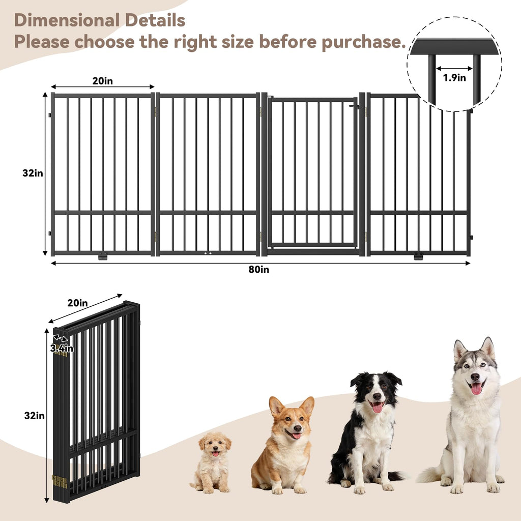 SNUOWU Full Metal Freestanding Dog Gate with Door, 24'' Height Foldable Pet Dog Fence for Indoor & Outdoor, 2 Panels Extra Wide Free Standing SmallDog Gates for Doorways,House,Stairs,Porch,Deck,Yard