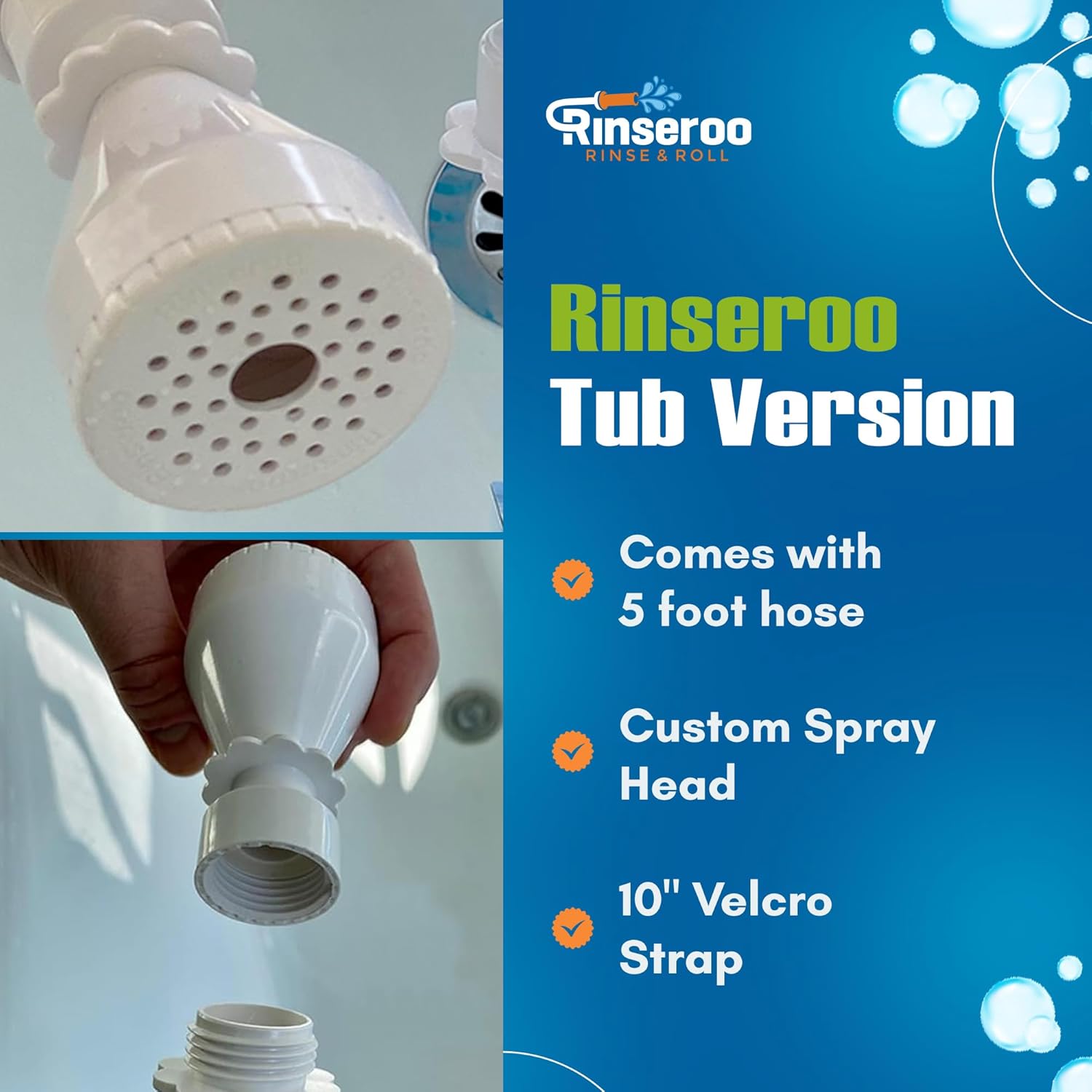 Rinseroo Slip-On Bathtub Faucet Sprayer Attachment. Ultra-Flex Dog Shower Hose Adapter Portable Hose Attachment with Sprayer Pet Showerhead Attach Tub Spout 5 Foot Hose. No Install for Speedy Washing