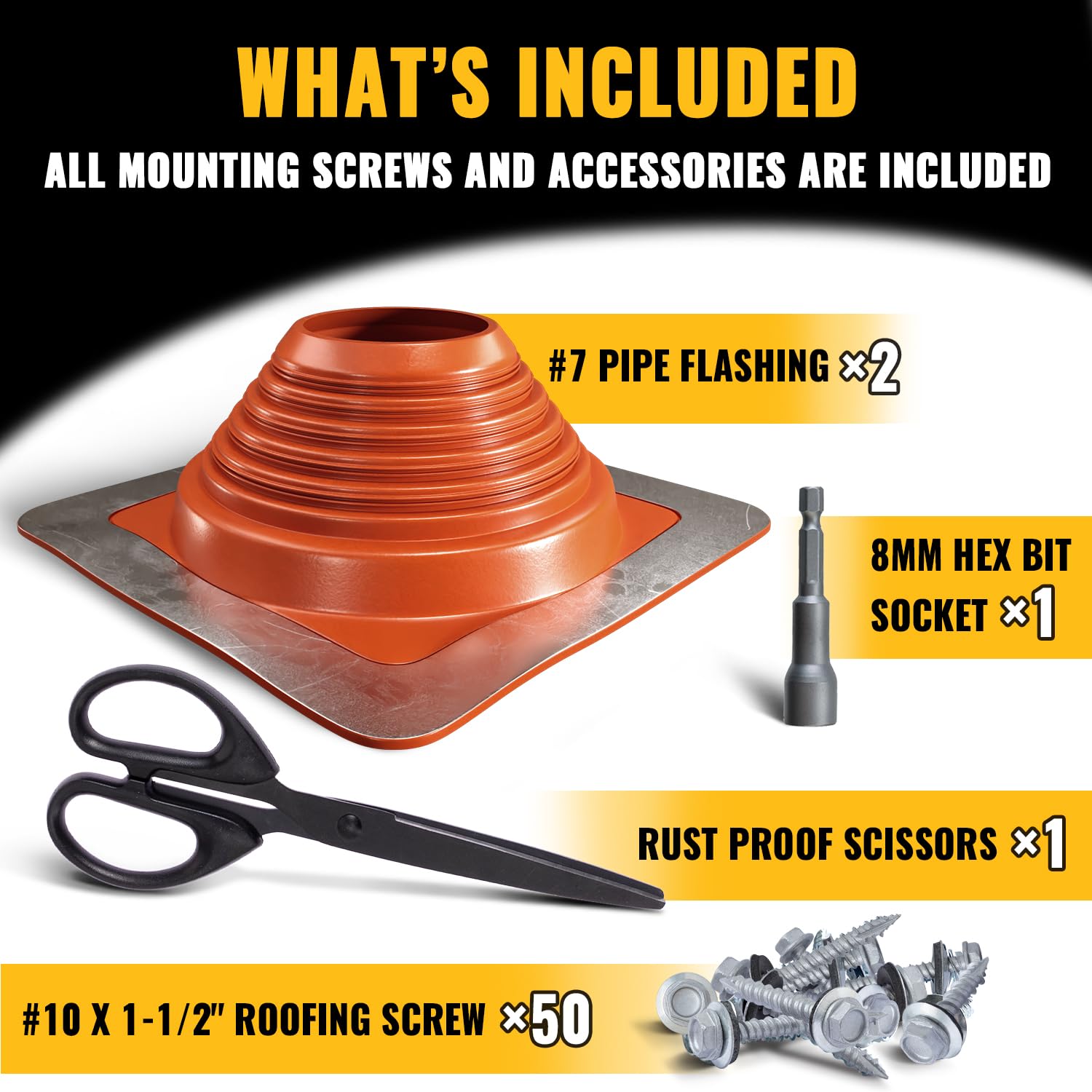 VIVIDA #1 Metal Roof Pipe Flashing, Metal Roofing Pipe Boot Kit, High Temp Silicone Vent Boot, for Tube OD 1/4" to 2", Square Base, Screws & Hex Socket Included, 1 Pack, Black
