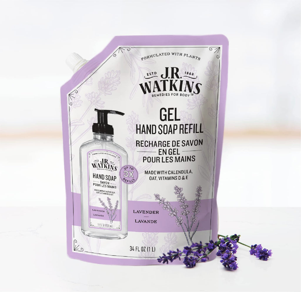 J.R. Watkins Gel Hand Soap Refill, Moisturizing Hand Wash, Formulated with Plant-Based Cleansers, Alcohol-Free, Cruelty-Free, Aloe & Green Tea, 34 Fl Oz, 2 Pack