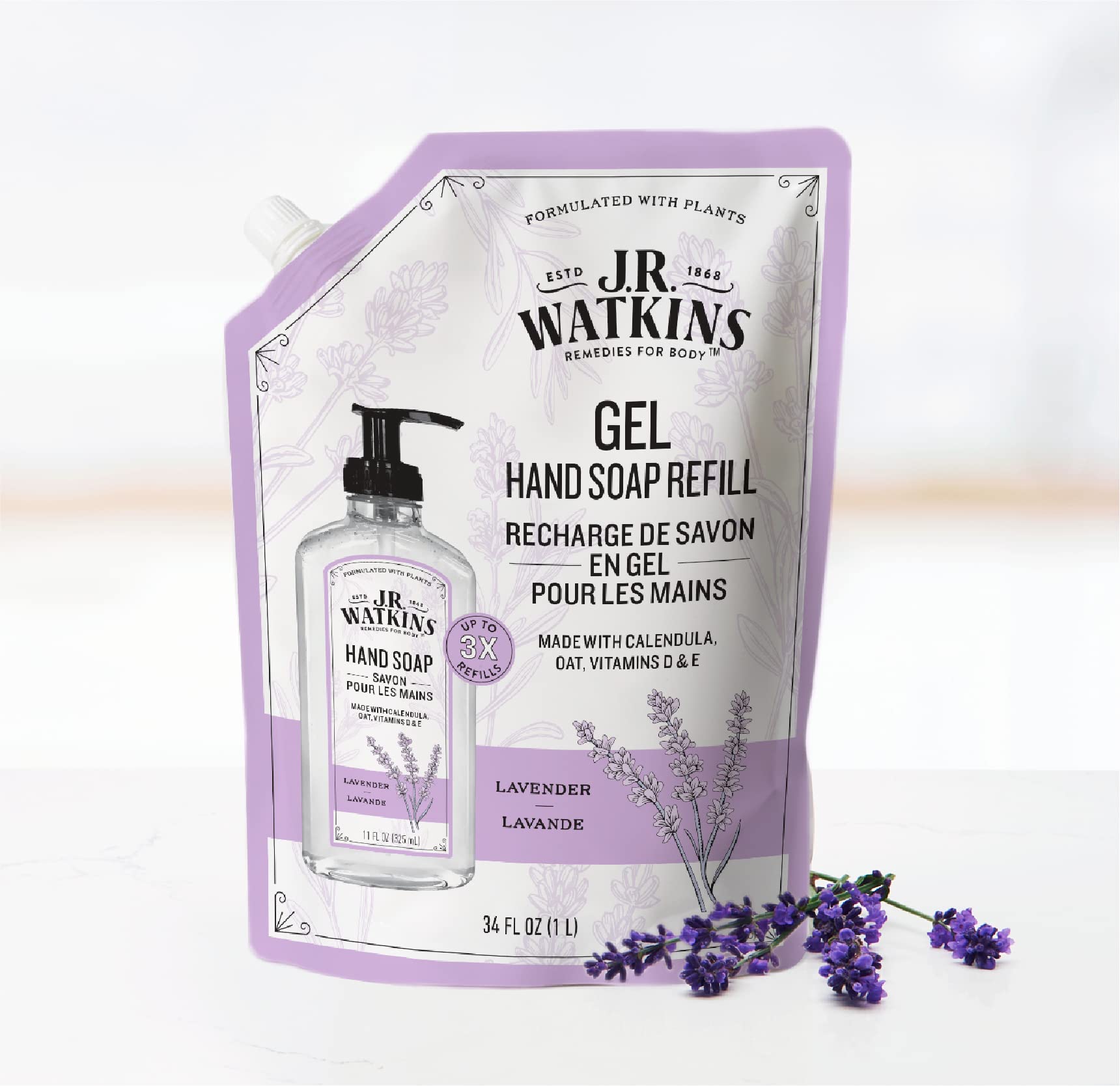 J.R. Watkins Gel Hand Soap Refill, Moisturizing Hand Wash, Formulated with Plant-Based Cleansers, Alcohol-Free, Cruelty-Free, Aloe & Green Tea, 34 Fl Oz, 2 Pack