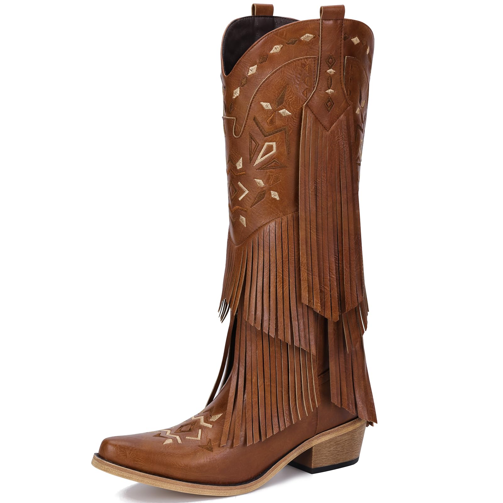 Cowboy Boots for Women - Fringe Knee High Cowgirl Boots with Classic Embroidery, Pointed Toe Pull on Retro Design, Perfect for Western Parties, Weddings and Events