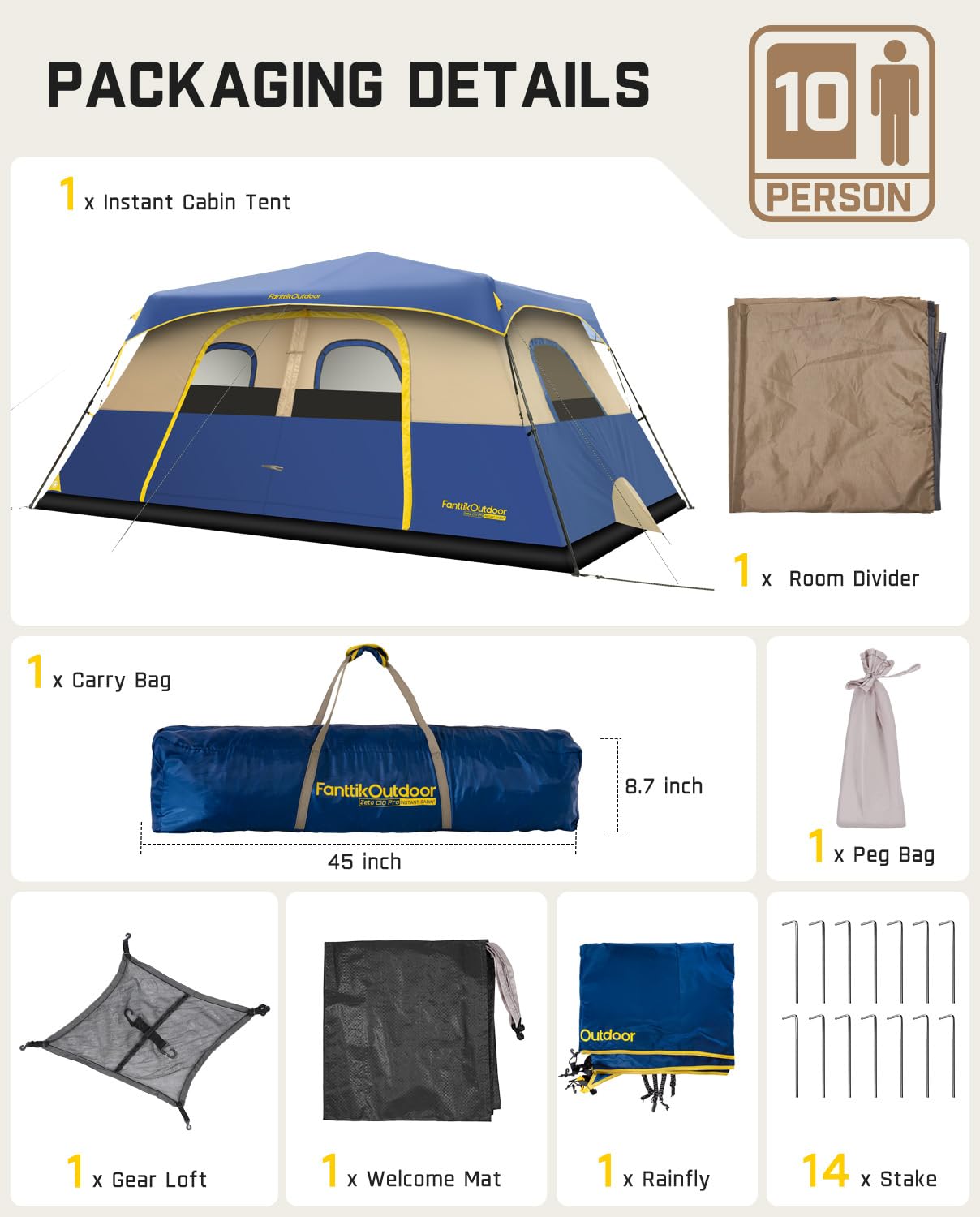 FanttikOutdoor Camping Tent 4/6/8/10 Person Instant Cabin Tent Setup in 60 Seconds with Rainfly & Windproof Portable with Carry Bag for Family Camping & Hiking, Upgraded Ventilation, Navy Blue