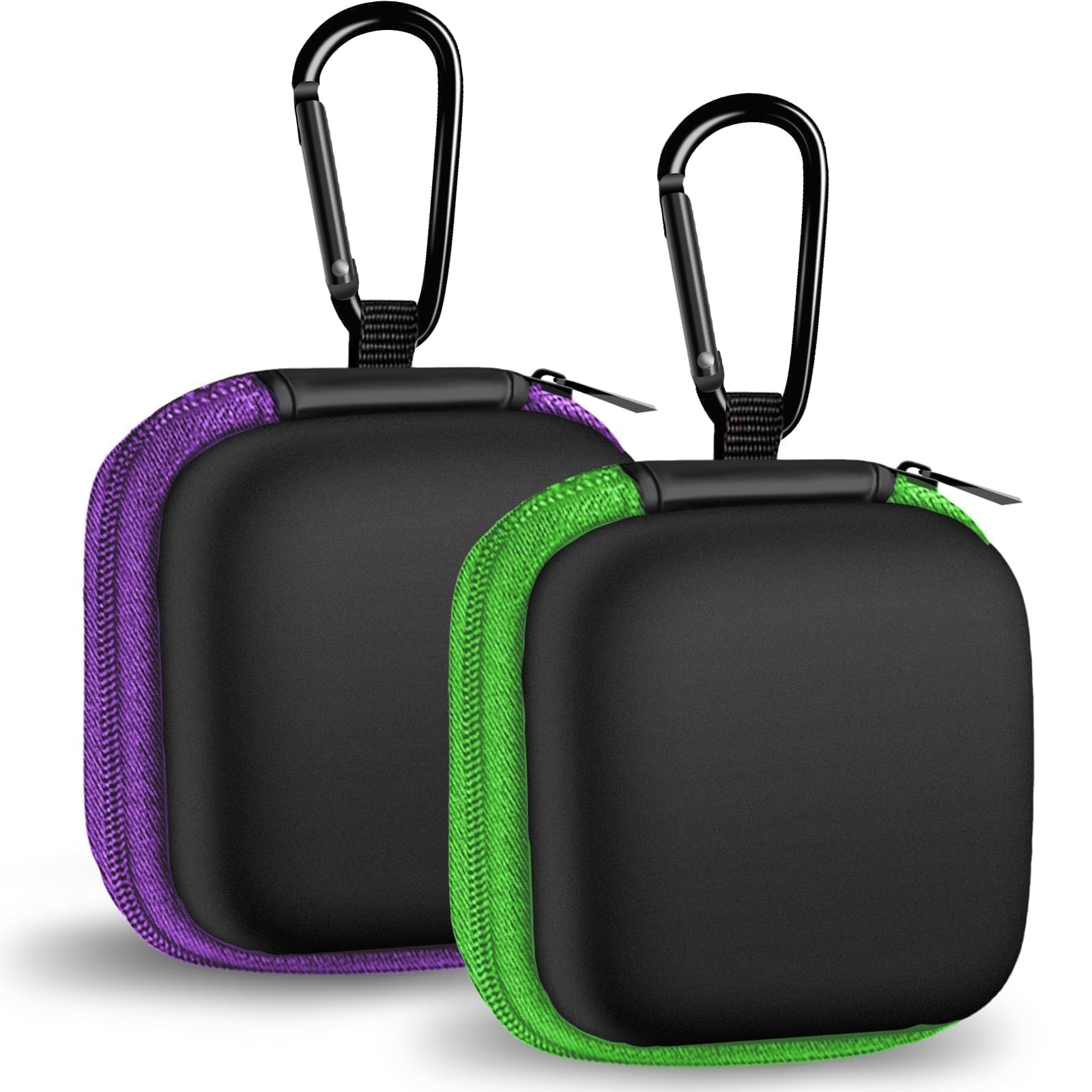 2Pack Oval Earbud Case Portable EVA Carrying Case Storage Bag Cell Phone Accessories Organizer with Carabiner for Earphone, Earbud, Earpieces, SD Memory Card, Camera Chips, Black/Purple