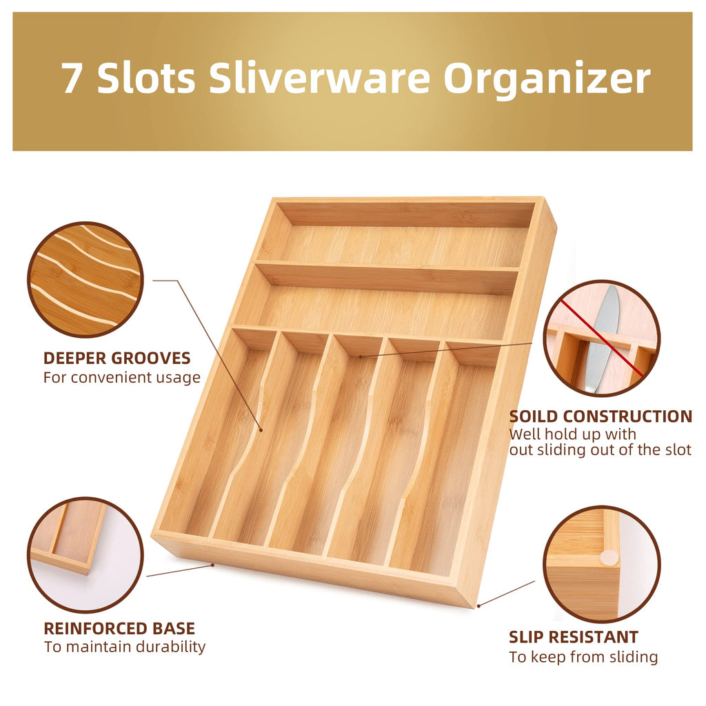Acacia 4 Slot Silverware Drawer Organizer - Cutlery Holder with Flatware Tray