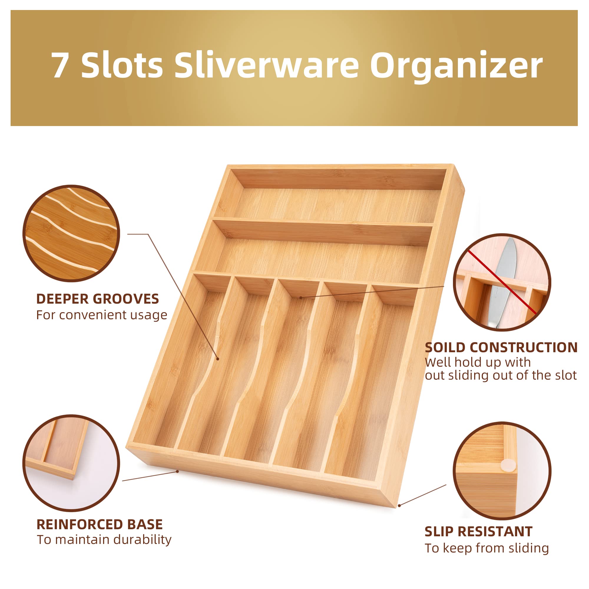 Acacia 4 Slot Silverware Drawer Organizer - Cutlery Holder with Flatware Tray