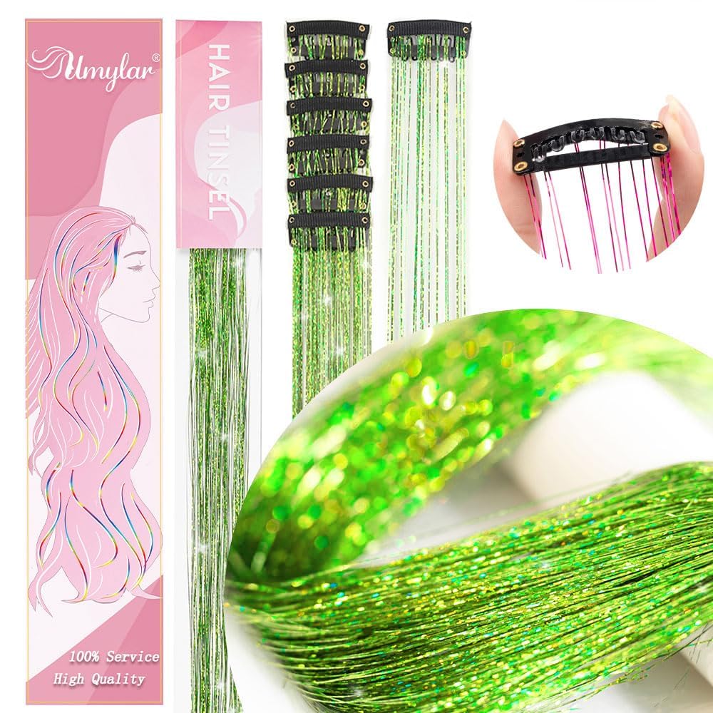 Clip in Hair Tinsel, Pack of 12 Pcs 20 Inch,Glitter Tinsel Hair Extensions, Festival Tinsel Fairy Hair Extension Party Dazzle Hair Accessories Strands Kit for Women Girls(12Pcs,Black#)