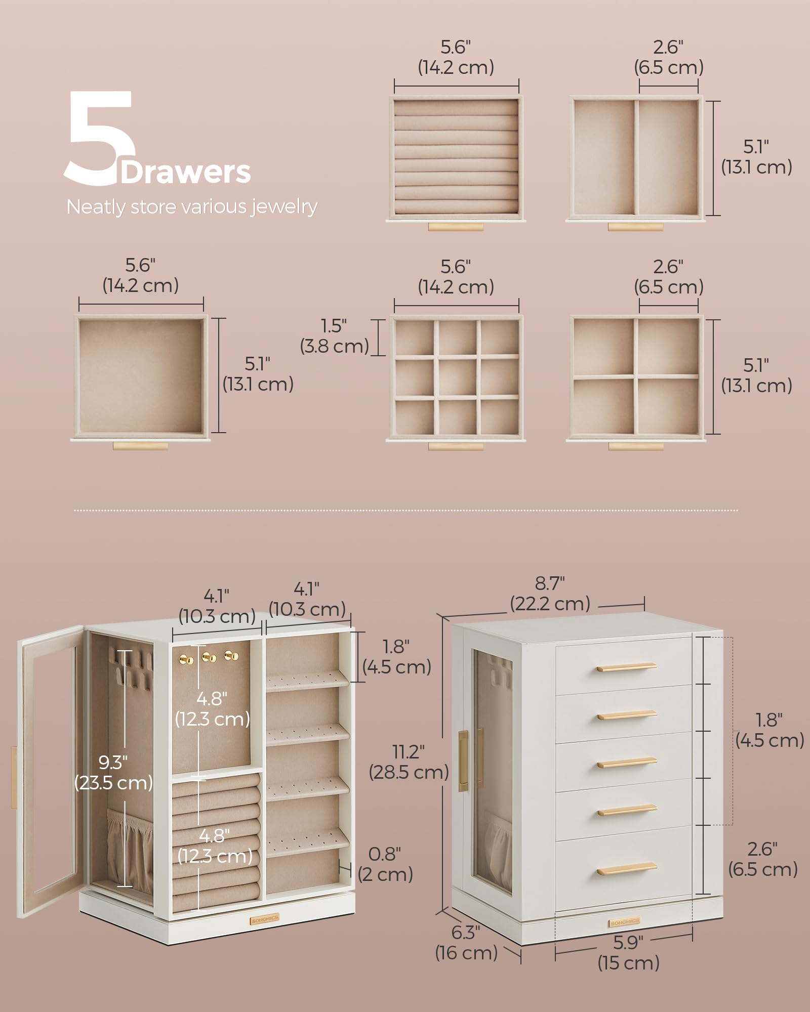 SONGMICS GISELLA Collection - Jewelry Box Organizer 360° Rotating, Vertical Jewelry Storage Case with 5 Drawers, Glass Window, Spacious, Open Design, Great Gift, Cloud White UJBC170W01