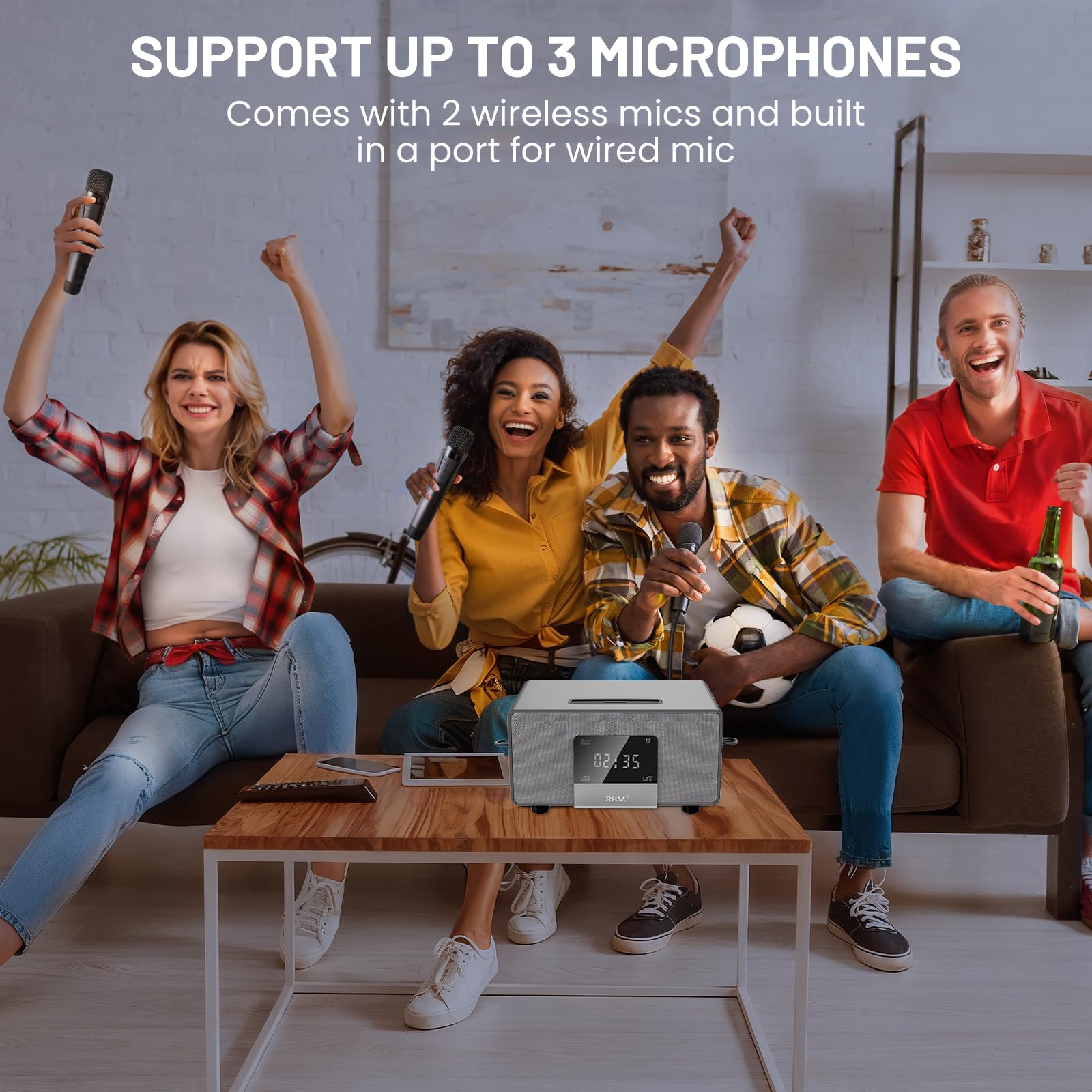 RHM K222 Karaoke Machine for Smart TV with Optical Input–Ultra-Low Latency, 3-Mic Support, 90FT Range, 70W Rich Stereo Sound, Voice Beautifier, Bluetooth/RCA, Perfect for Family Parties