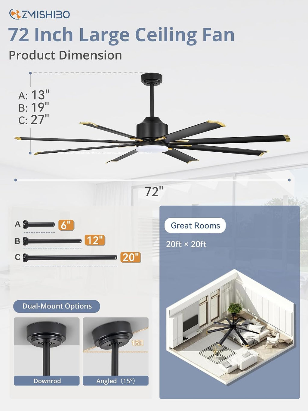 72 inch Aluminium Blade Ceiling Fans with Lights and Remote, Outdoor Ceiling Fans for Patio Living Room with Quiet DC Motor, 6 Speed Reversible, 3 CCT, Black and Gold Industrial Ceiling Fan, 8 Blades