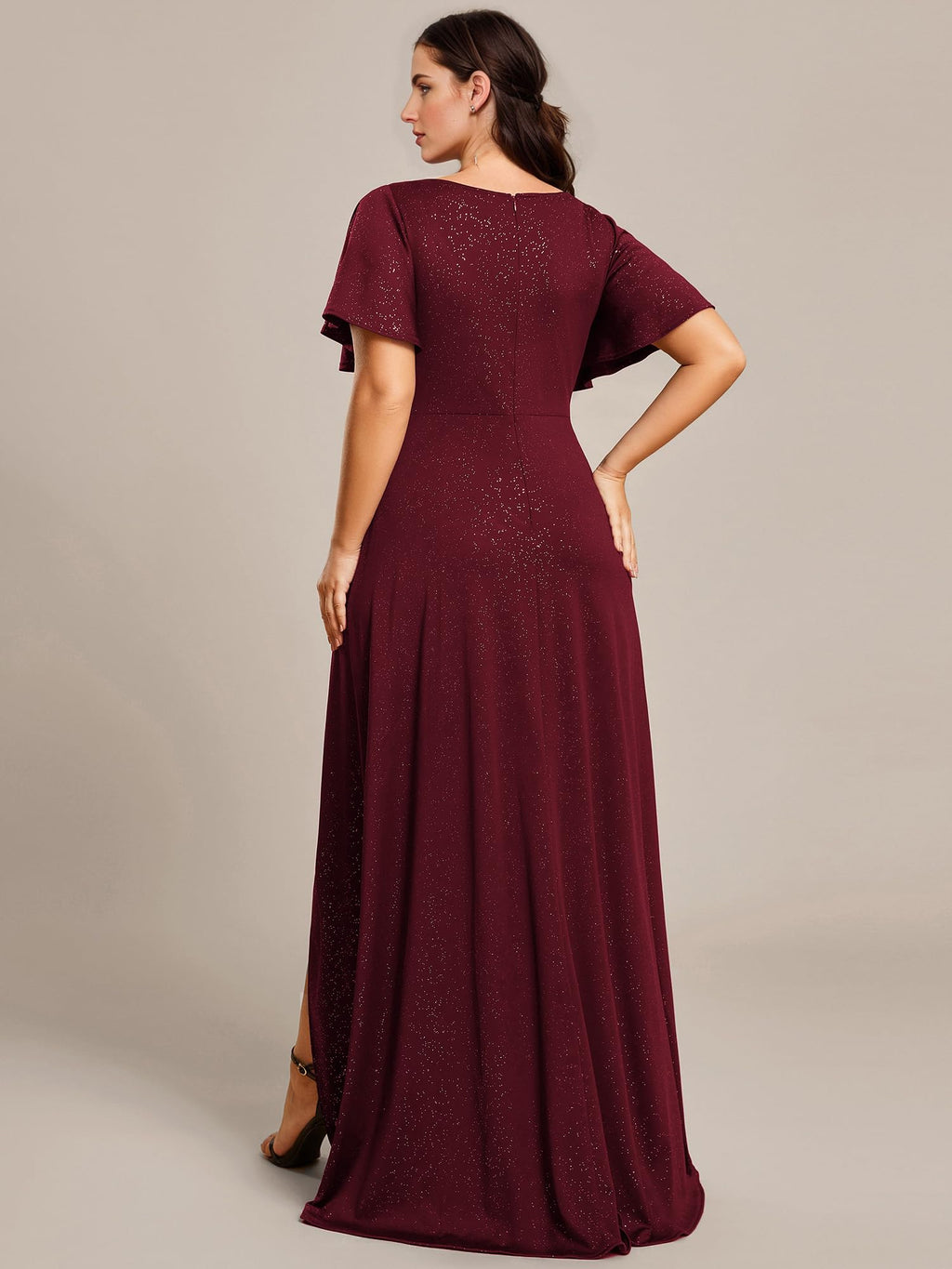 Ever-Pretty Glitter Formal Dresses for Cuvvy Women Plus Size A-line High Low Wedding Guest Gala Dress with Ruffles Sleeves