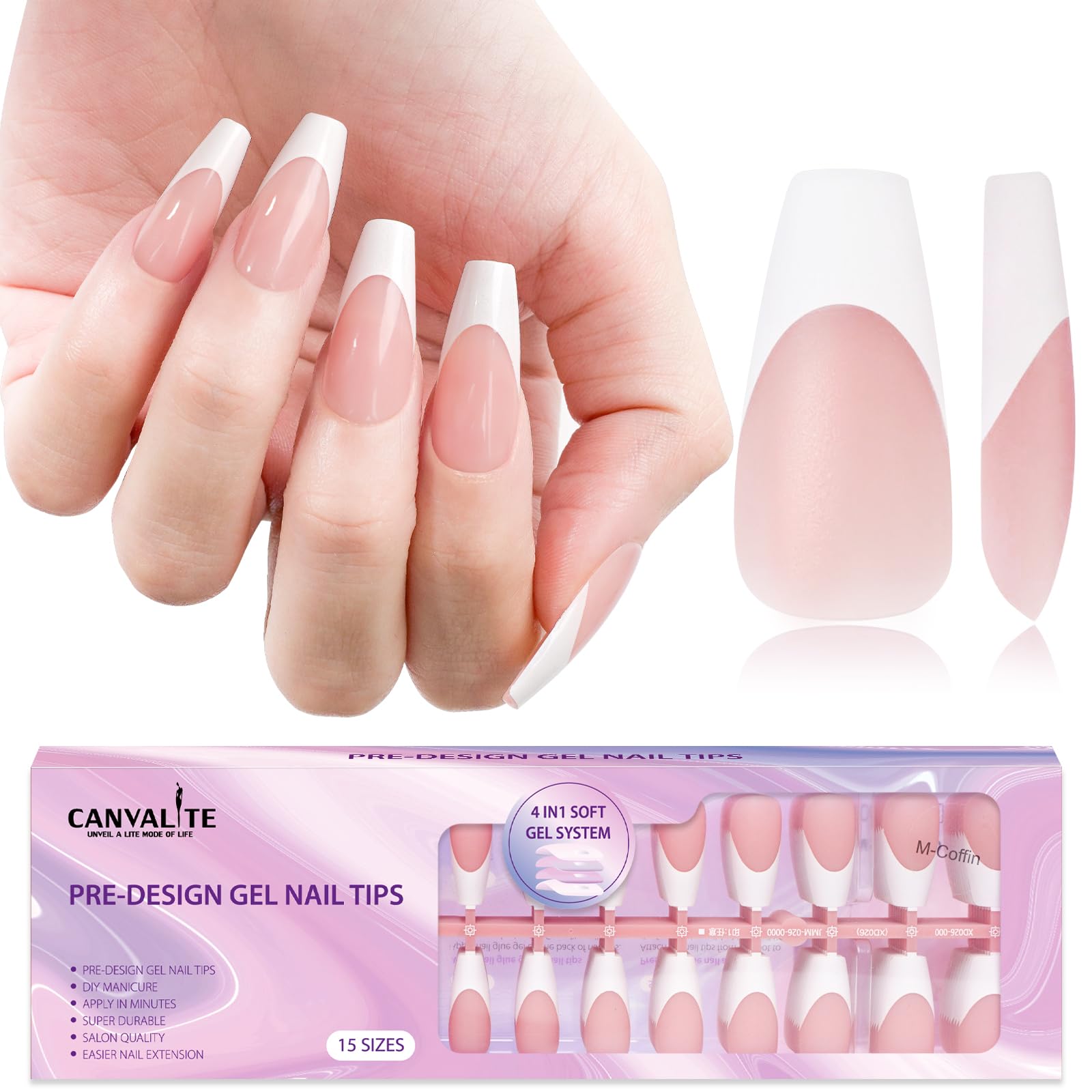 Canvalite French Tip Press on Nails Gel Nail Tips - 300Pcs Pre-Colored Quick and Easy Press on Nails Almond Fake Nails with Designs DIY Nail Extensions, Nude White