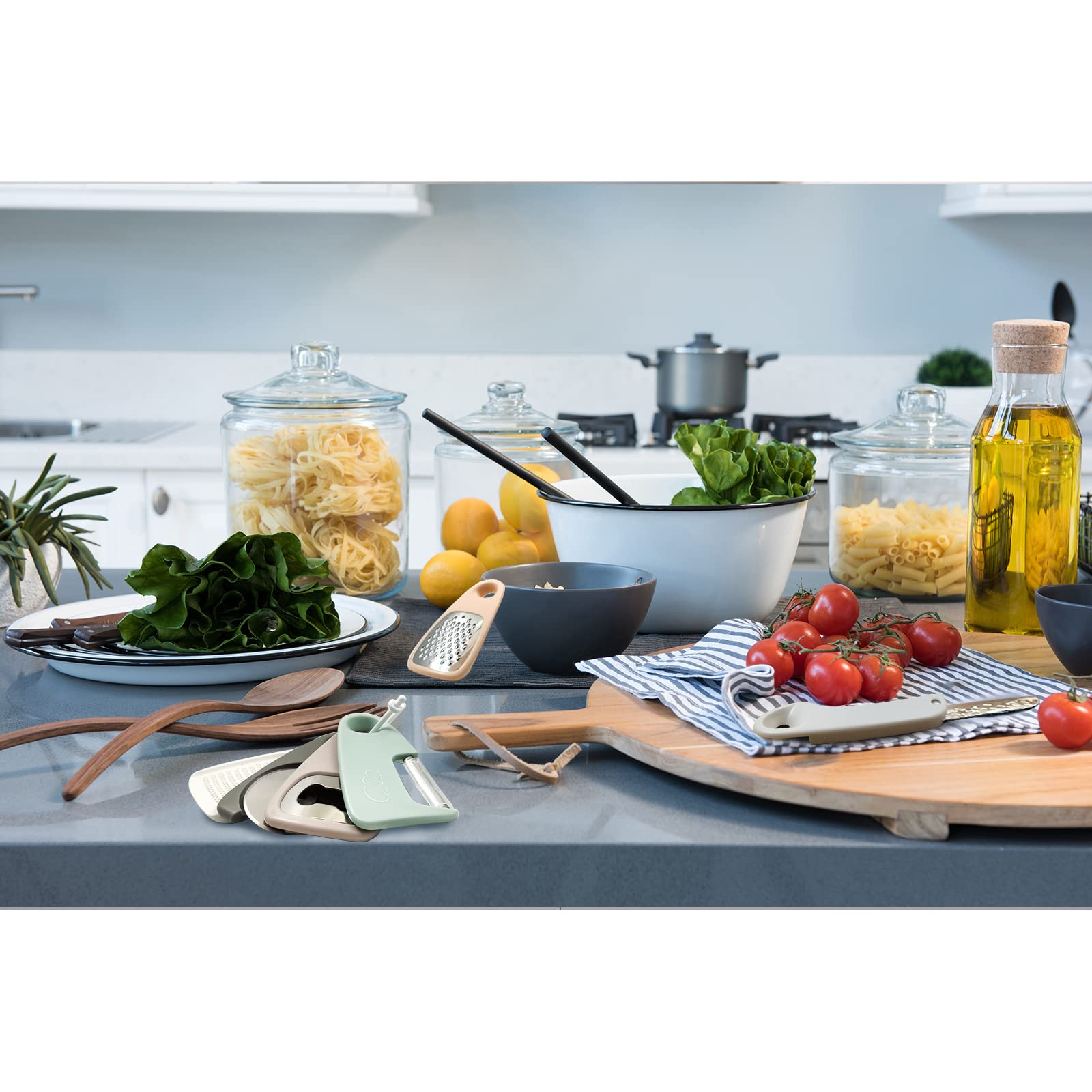 5 Pieces Kitchen Gadgets Set - Space Saving Cooking Tools Accessories Cheese Chocolate Grater, Fruit Vegetable Peeler, Bottle Opener, Pizza Cutter, Burlap Bags with Drawstring Gift Set