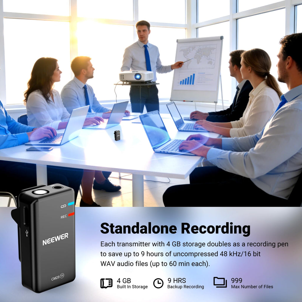 NEEWER CM28 Wireless Lavalier Microphone System, 1 Click Noise Canceling, 4GB Storage for 9Hrs of 48KHz 16 Bit Uncompressed Audio, Lapel Mic Compatible with iPhone/Android/PC/Camera/iPad