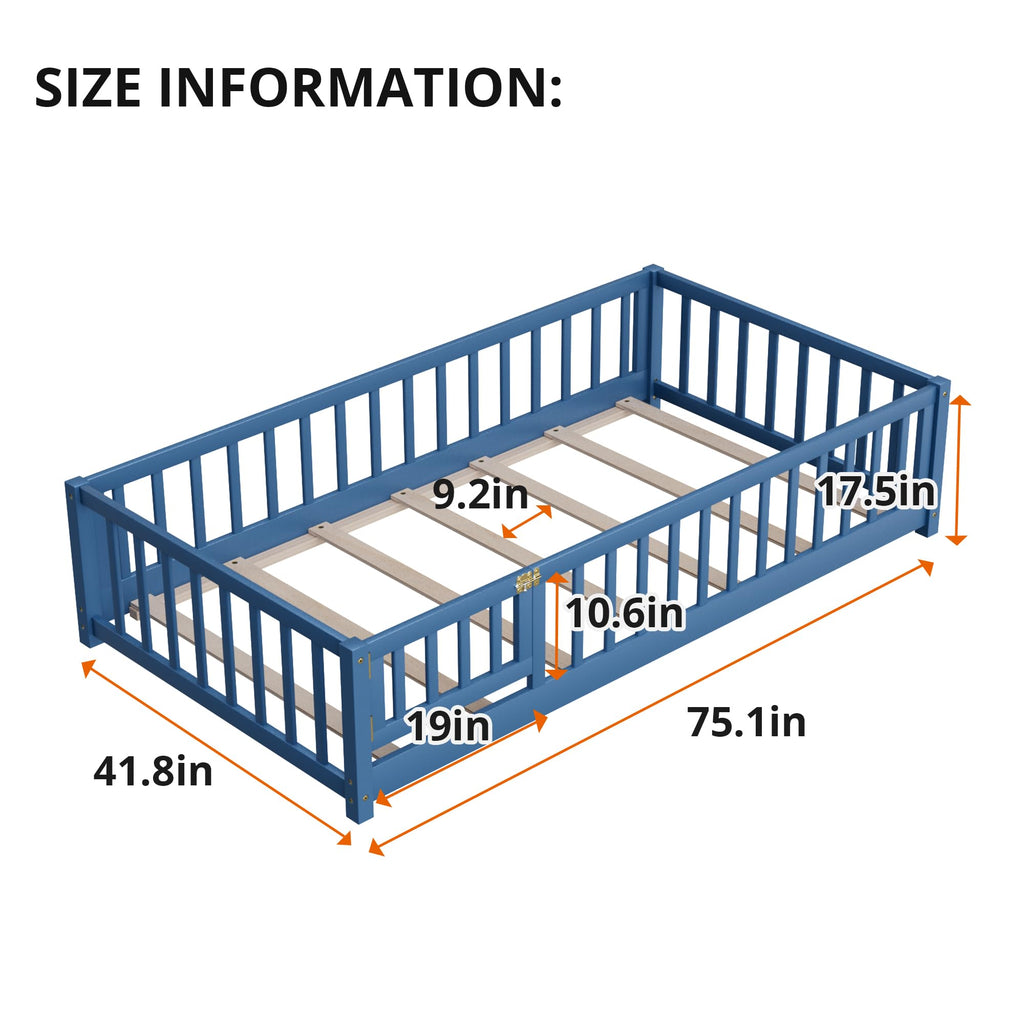 i-POOK Queen Floor Bed for Children, Sturdy Wood Montessori Bed Frame with Wood Slats, High Fence & Small Door for Girls and Boys, Espresso (with Bed Slats)