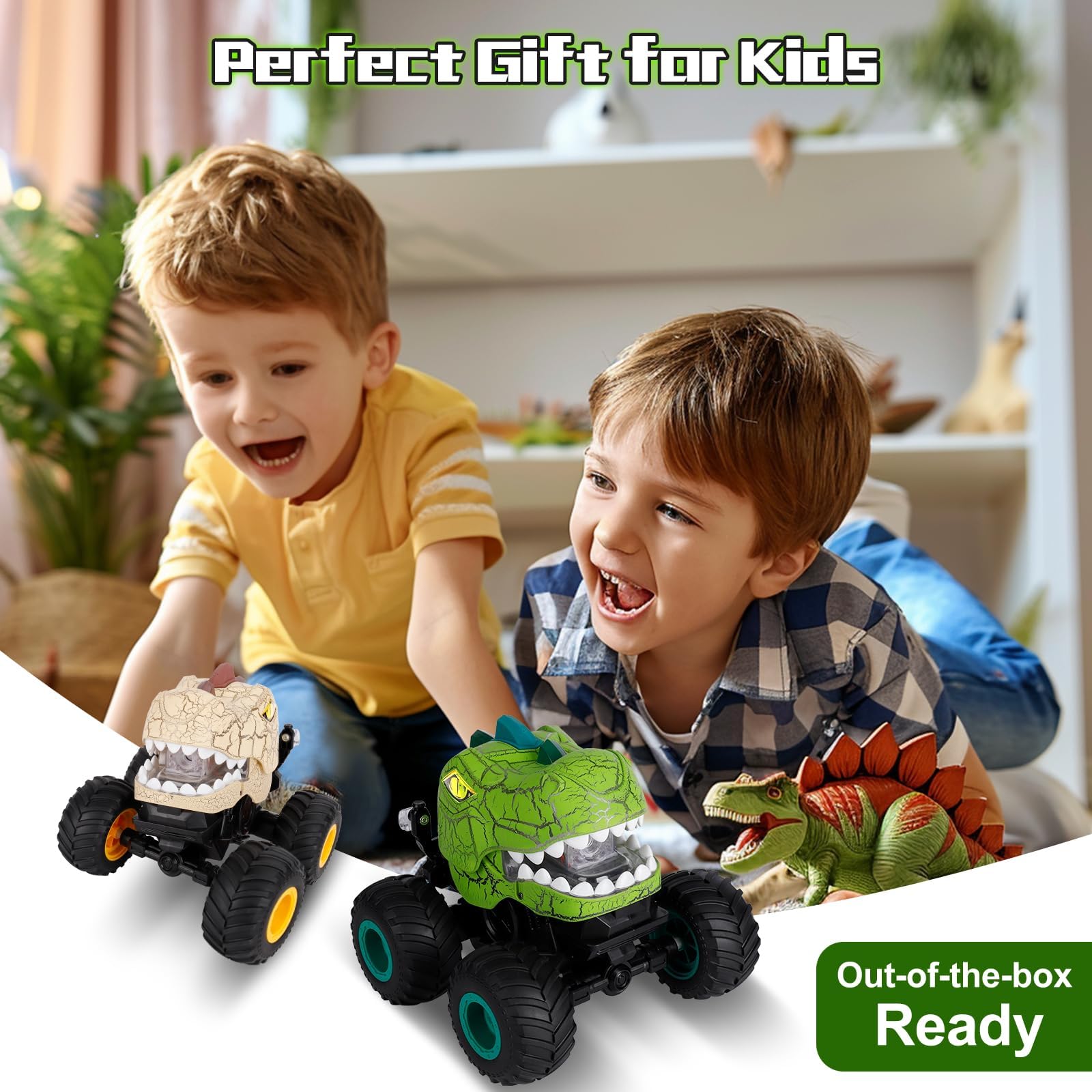 Drefirsa Dinosaur Remote Control Car for Kids Ages 3-5 6-12, Remote Control Monster Truck with Spray, Light, 360° Rolling&90° Driving, All Terrain Dinosaur Toy for Boys Birthday Gift