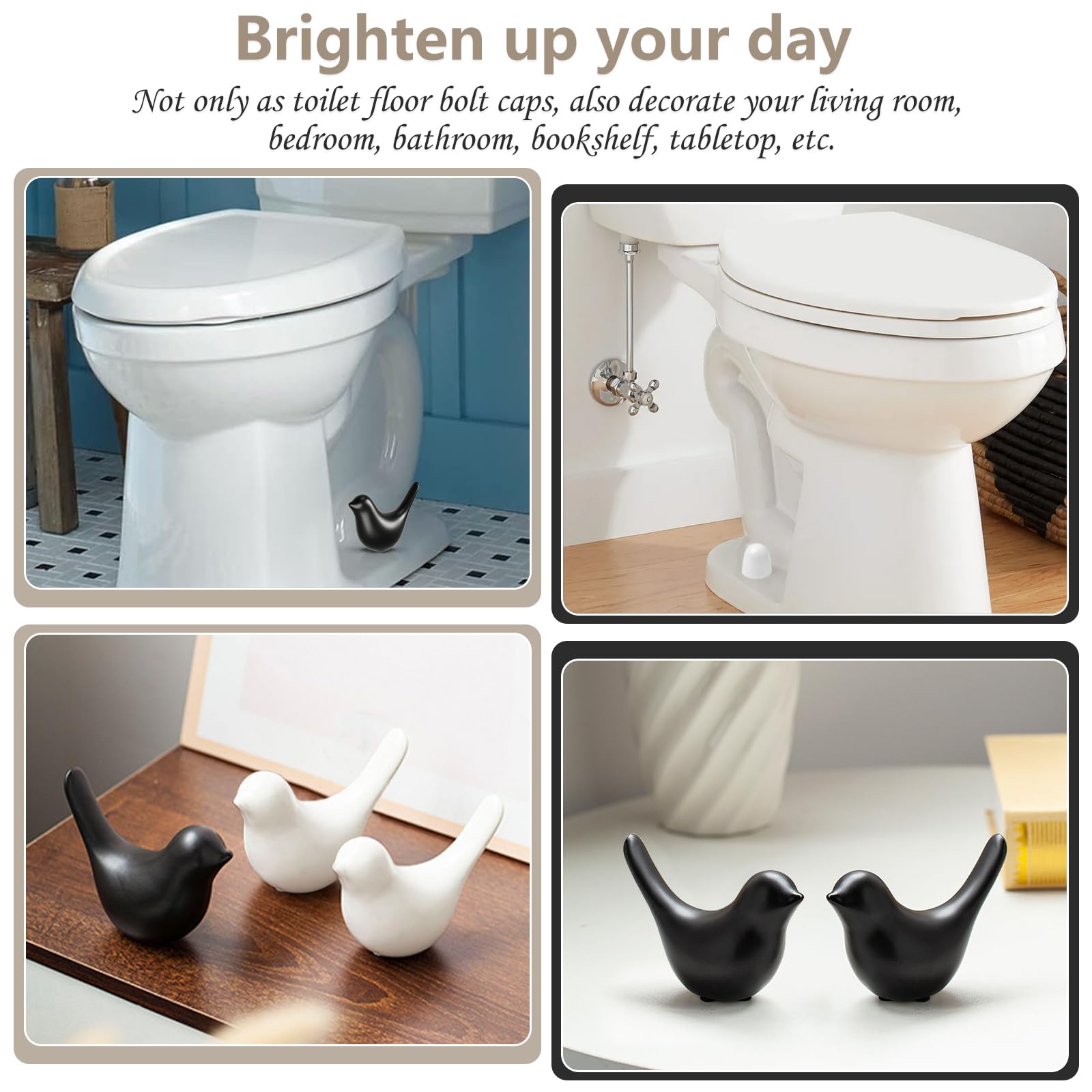 MENNTY Black Polar Bear Toilet Bolt Covers Decorative - 2 Glossy Black Ceramic Toilet Bolt Caps + 4 Universal Toilet Caps for Bottom of Toilet, Modern Monochrome Bathroom Decor