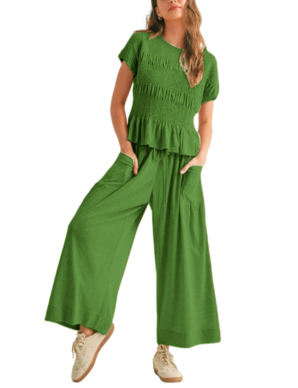 Antnation Womens 2 Piece Smocked Top Wide-Leg Pants Set High-Waisted Lounge Outfit with Pockets Casual Boho Matching Set