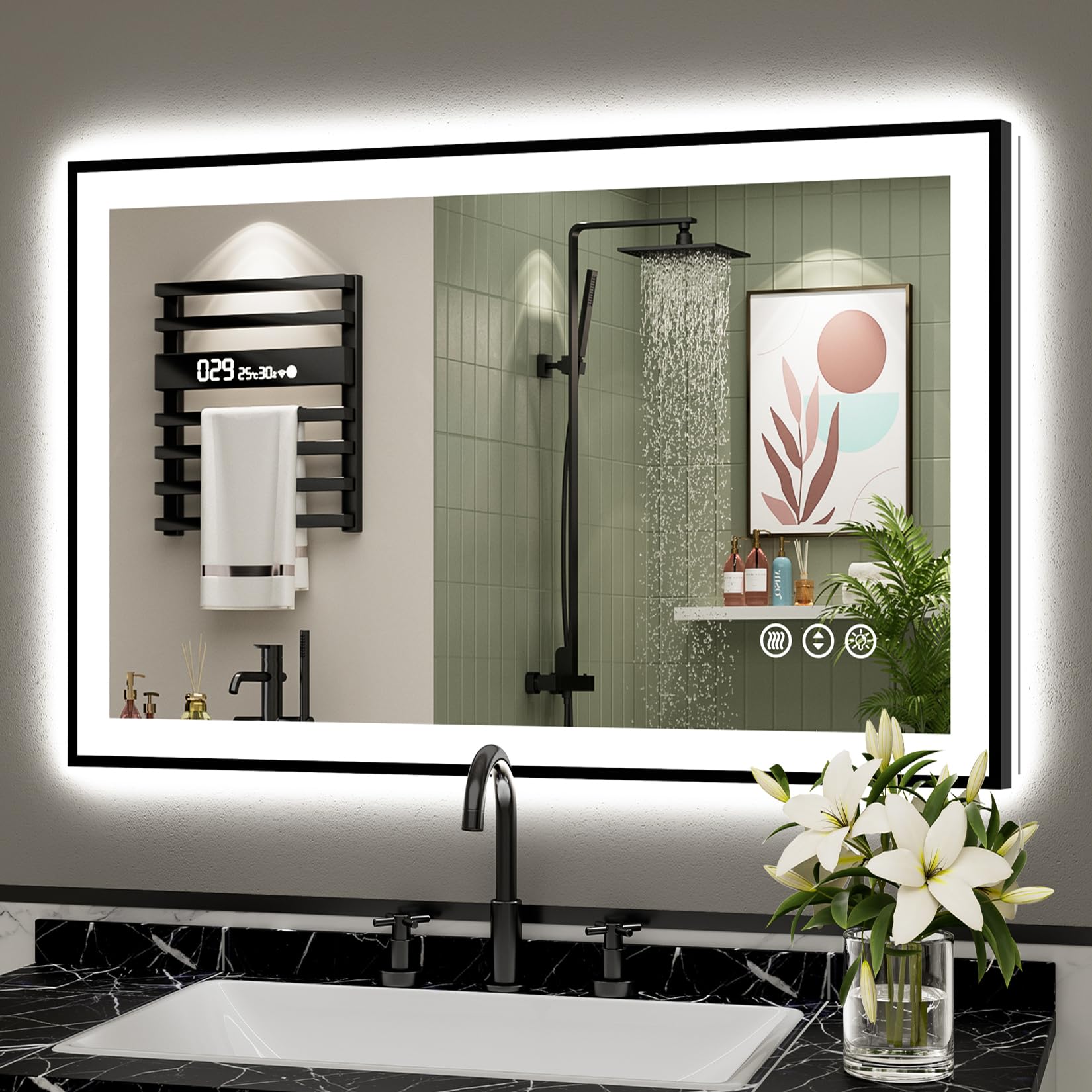 24x32 Black Framed LED Bathroom Mirror with Lights, Backlit and Front Lit Anti-Fog Lighted Vanity Mirrors for Bathroom Wall, Dimmable, 3 Colors, Memory, HD Tempered Glass, Horizontal/Vertical