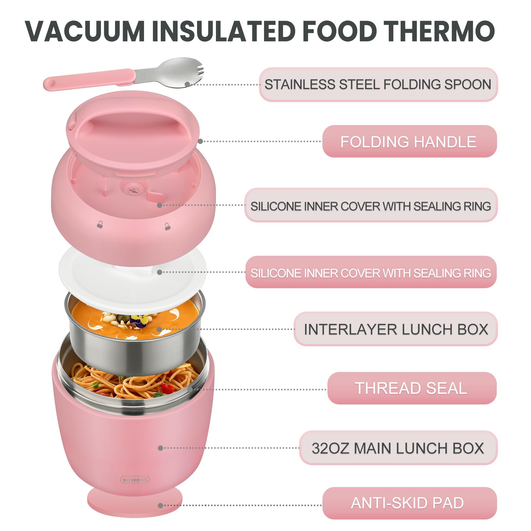 wiwens Thermo Food Jar for Hot Food Adults 32OZ Soup Thermo Lunch Containers Wide Mouth Vacuum Insulated Stainless Steel Leakproof Bento Box with Spoon (Beige)