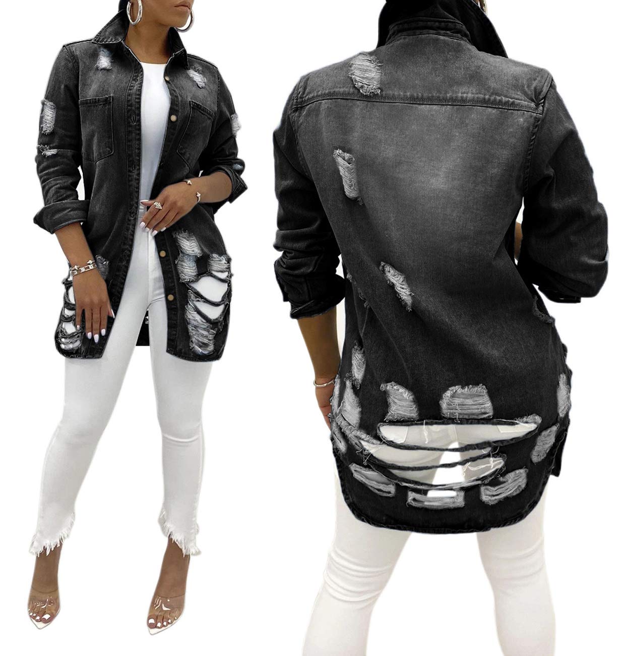 SeNight Women's Jean Jacket Long Sleeve Classic Distressed Fray Hem Tassels Denim Trucker Jackets