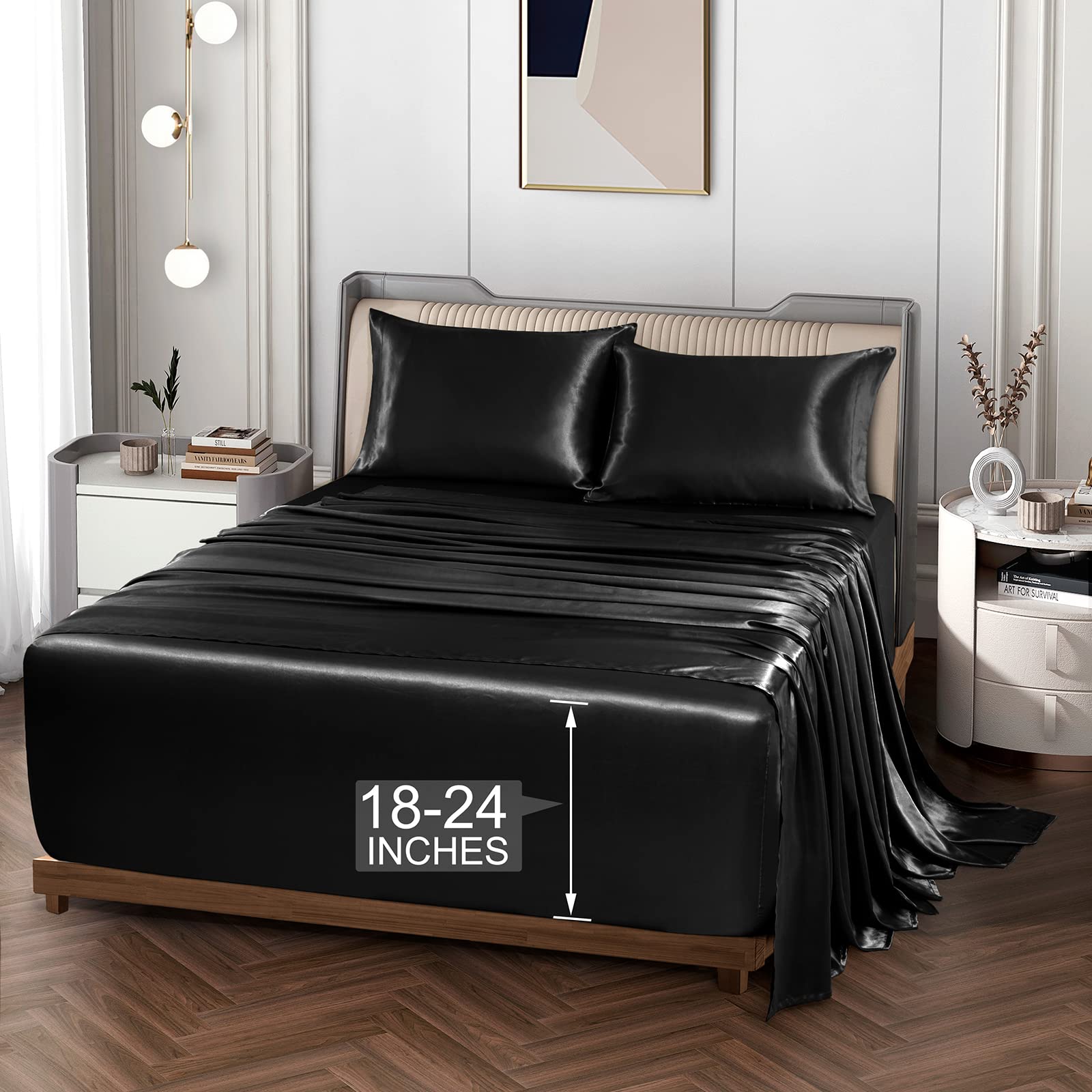 Vonty Extra Deep Pocket Full Sheet Sets - Cooling & Silky Satin Full Size Sheets with 18-24 Inch Deep Pocket, Black Satin Bed Sheets Fit Up to 24" Deep Mattress - 4 Piece Set