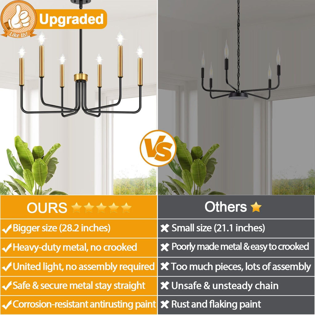 Rustic Black Chandelier, 6-Light Antique Farmhouse Chandelier for Dining Room Lighting Fixtures, Vintage Candle Pendant Light Fixtures Chandeliers for Dining Room Bedroom, Foyer and Living Room