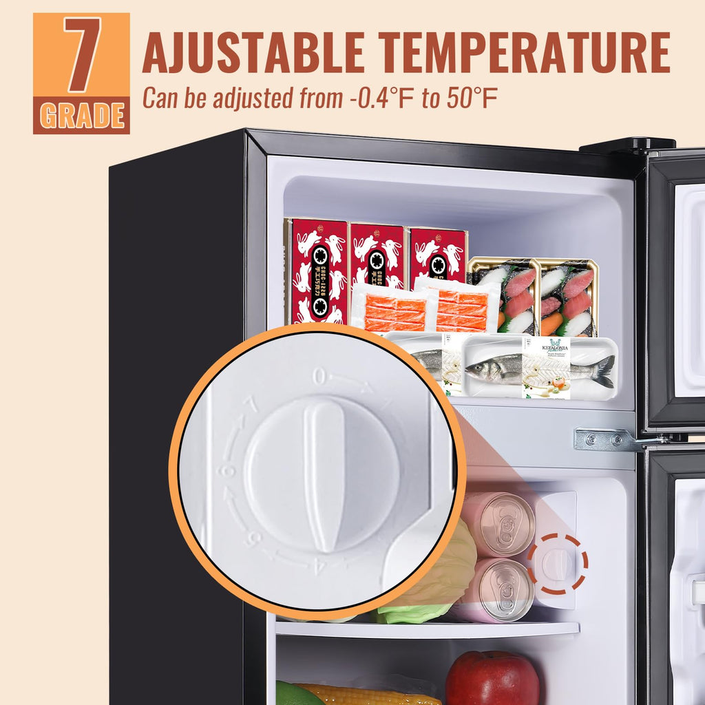 DEMULLER Mini Fridge with Double Doors Small Refrigerator with Separate Freezer & 7 Adjustable Temperature Control, Tiny Size & Personal Fridge Ideal for Office Apartment Dorm Black