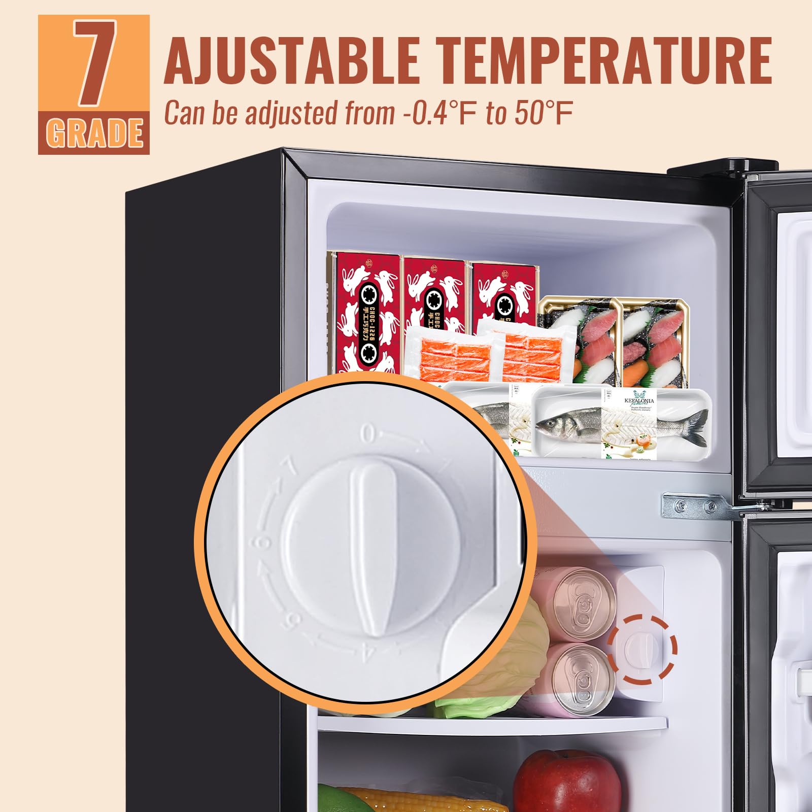 DEMULLER Mini Fridge with Double Doors Small Refrigerator with Separate Freezer & 7 Adjustable Temperature Control, Tiny Size & Personal Fridge Ideal for Office Apartment Dorm Black