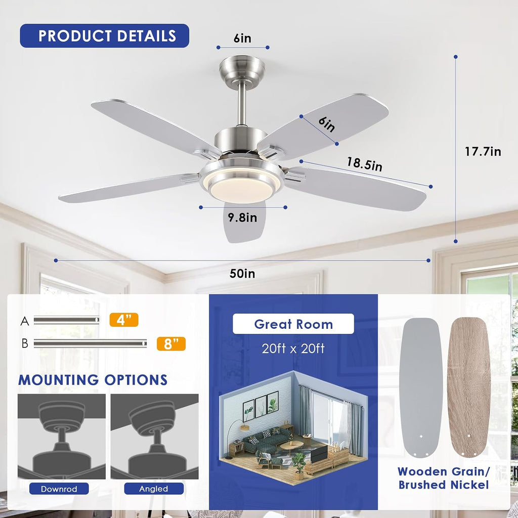Hounberi Ceiling Fans with Lights,50“ Modern Nickel Ceiling Fan and Remote/APP Control,5 Dual Finish Blades Dimmable 3-Color LED Fandelier for Indoor Dinning room,Bedroom