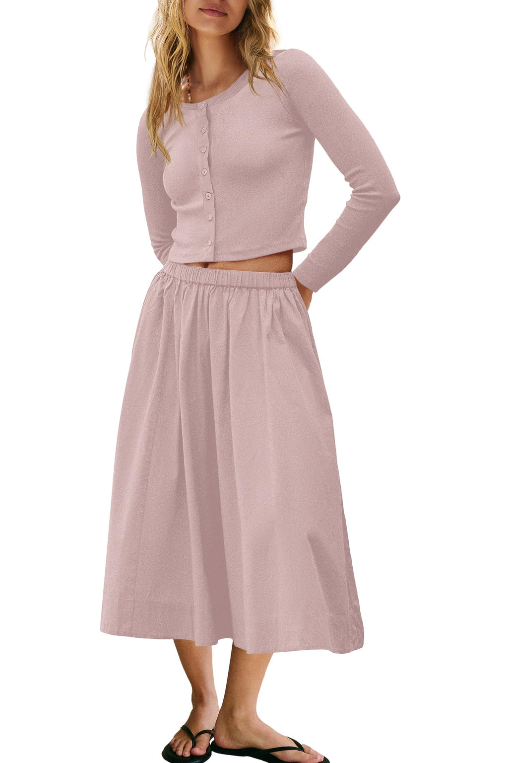 Panadila Womens 2 Piece Lounge Sets Matching Vacation Outfits Ribbed Button Down Cardigan and Elastic Waist Skirt Sets